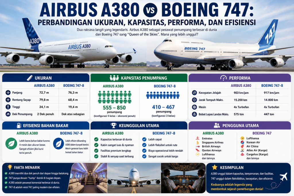 Airbus A380 vs Boeing 747: Perbandingan Ukuran, Kapasitas, Performa, dan Efisiensi