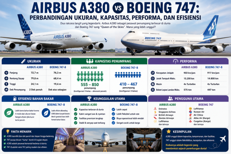 Airbus A380 vs Boeing 747: Perbandingan Ukuran, Kapasitas, Performa, dan Efisiensi