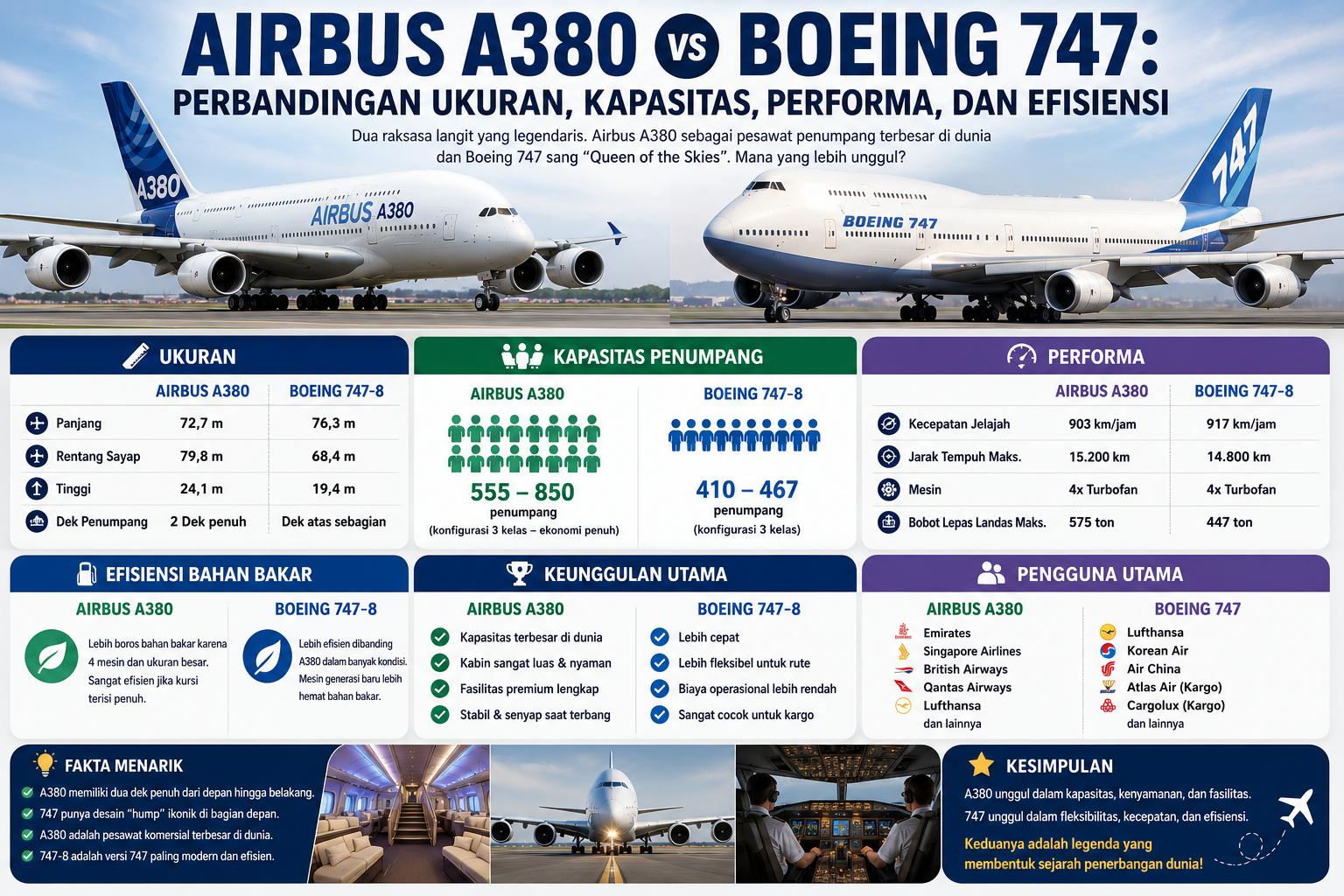 Airbus A380 vs Boeing 747: Perbandingan Ukuran, Kapasitas, Performa, dan Efisiensi