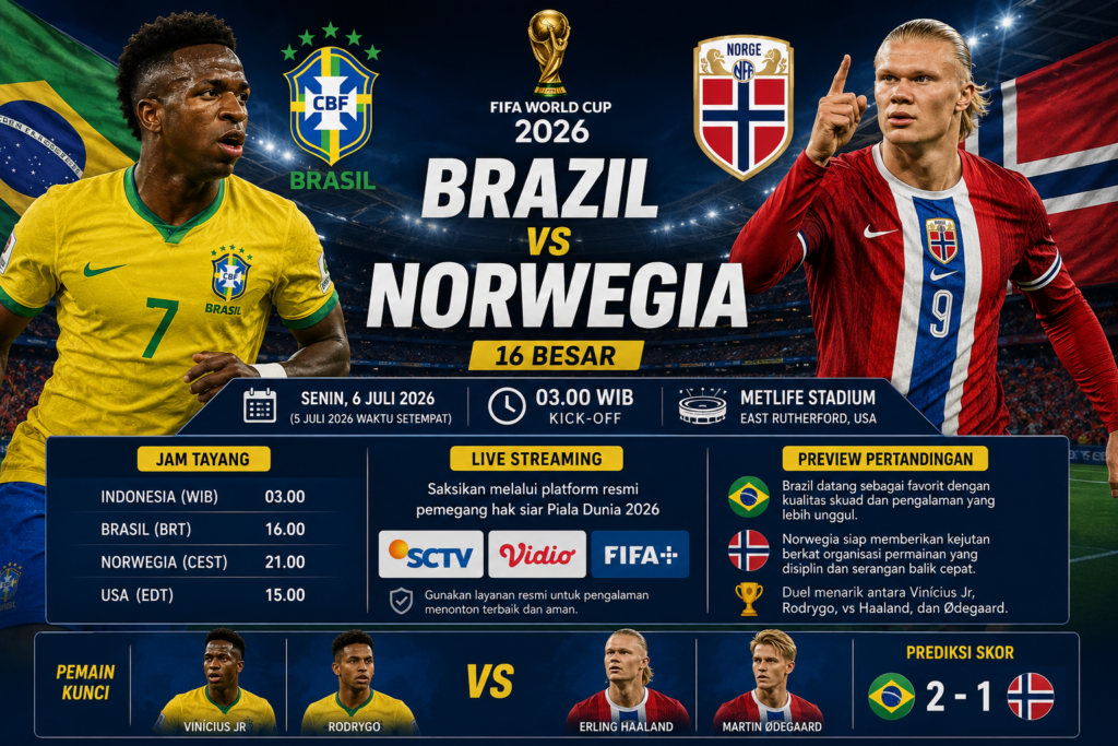 Jadwal Brazil vs Norwegia Piala Dunia 2026: Jam Tayang, Link Live Streaming, dan Preview Pertandingan Piala Dunia • Babak 16 Besar Stadion New York-New Jersey • East Rutherford 🇧🇷 Brasil Sen, 6 Jul 03.00 🇳🇴 Norwegia