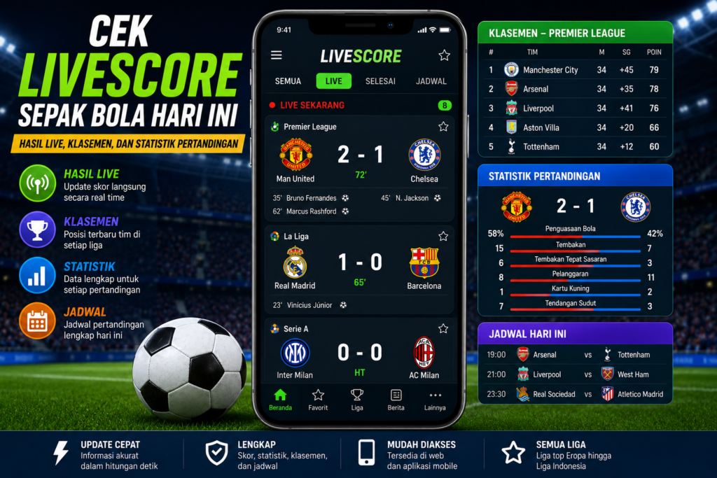 Cek Livescore Sepak Bola Hari Ini: Hasil Live, Klasemen, dan Statistik Pertandingan
