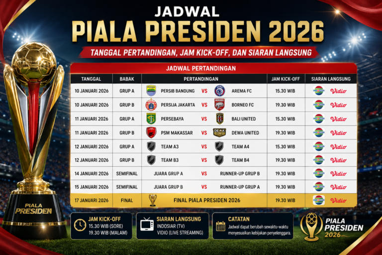 Jadwal Piala Presiden 2026 Lengkap: Tanggal Pertandingan, Jam Kick-off, dan Siaran Langsung