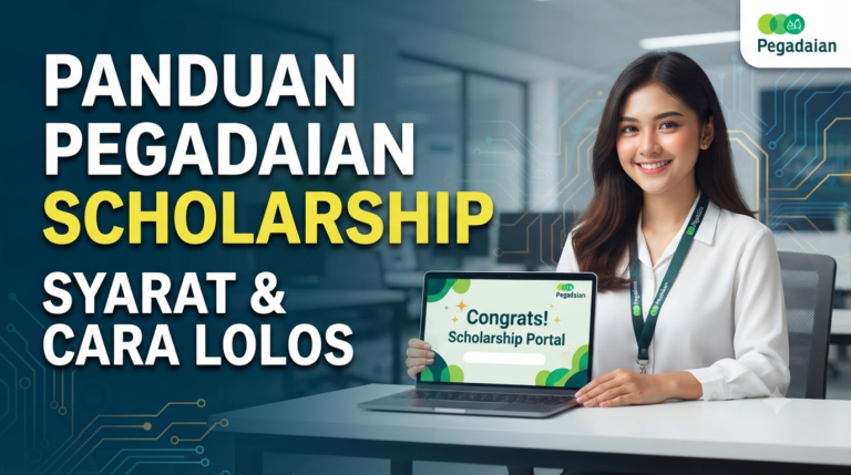 Mahasiswa tersenyum memegang laptop dengan notifikasi sukses di portal pendaftaran Pegadaian Scholarship 2026.