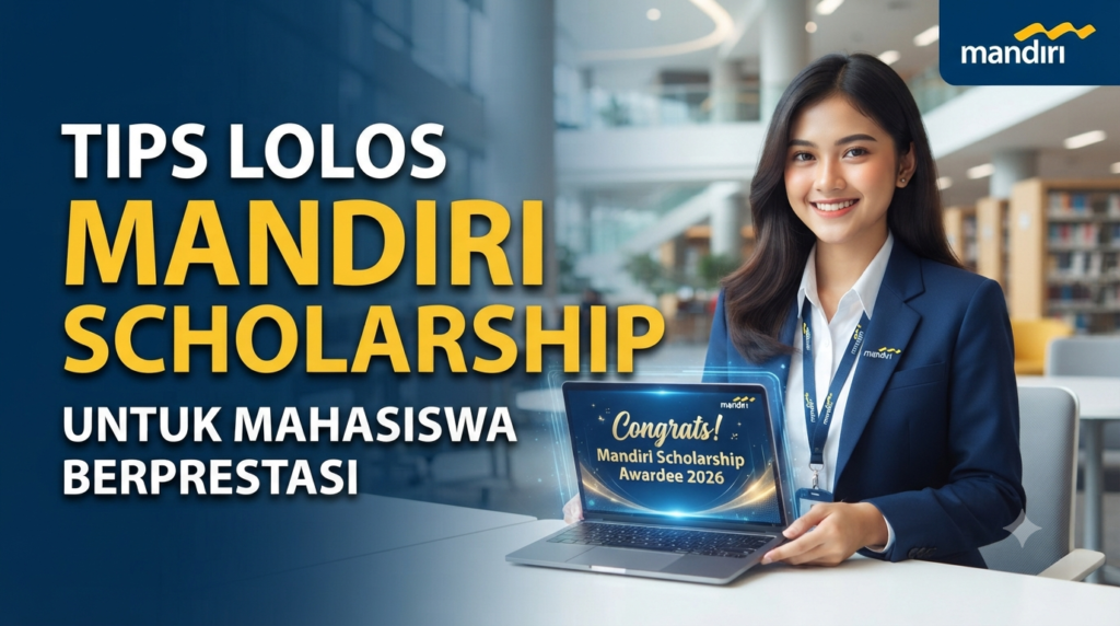 Mahasiswa berprestasi memegang laptop dengan notifikasi sukses Mandiri Scholarship 2026.