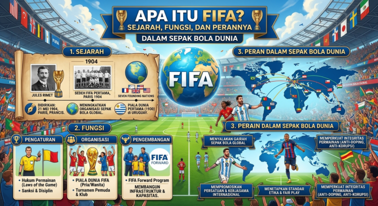 Apa Itu FIFA? Sejarah, Fungsi, dan Perannya dalam Sepak Bola Dunia Meta Description: Apa itu FIFA? Pelajari sejarah FIFA, fungsi, tugas, dan perannya dalam mengatur sepak bola dunia, termasuk penyelenggaraan Piala Dunia FIFA. Apa Itu FIFA? FIFA adalah singkatan dari Fédération Internationale de Football Association, yaitu organisasi internasional yang mengatur dan mengembangkan olahraga sepak bola di seluruh dunia. FIFA menjadi badan tertinggi yang bertanggung jawab atas penyelenggaraan berbagai kompetisi sepak bola internasional, termasuk Piala Dunia FIFA (FIFA World Cup) yang merupakan turnamen sepak bola paling bergengsi di dunia. Didirikan pada tahun 1904, FIFA kini memiliki lebih dari 200 asosiasi anggota dari berbagai negara. Organisasi ini berperan penting dalam menetapkan aturan permainan, mengembangkan sepak bola di berbagai wilayah, serta memastikan olahraga ini dapat dinikmati secara adil dan profesional. Dalam artikel ini, Anda akan mempelajari sejarah FIFA, fungsi, tugas, hingga perannya dalam perkembangan sepak bola dunia. Sejarah Berdirinya FIFA FIFA resmi berdiri pada 21 Mei 1904 di Paris, Prancis. Organisasi ini dibentuk oleh tujuh negara pendiri, yaitu: Prancis Belgia Denmark Belanda Spanyol Swedia Swiss Tujuan utama pembentukan FIFA adalah menciptakan organisasi internasional yang mampu mengatur pertandingan sepak bola antarnegara secara resmi. Pada masa awal berdirinya, sepak bola mulai berkembang pesat di Eropa. Namun, belum ada lembaga internasional yang mengatur pertandingan lintas negara. Karena itulah FIFA hadir sebagai solusi untuk menyatukan aturan dan meningkatkan kerja sama antar asosiasi sepak bola. Beberapa tahun kemudian, berbagai negara dari benua lain mulai bergabung hingga FIFA berkembang menjadi organisasi olahraga terbesar di dunia. Perkembangan FIFA dari Masa ke Masa Perjalanan FIFA mengalami perkembangan yang sangat pesat. Pada tahun 1930, FIFA sukses menyelenggarakan Piala Dunia pertama di Uruguay. Turnamen tersebut menjadi tonggak sejarah sepak bola internasional dan terus berlangsung setiap empat tahun sekali. Seiring perkembangan zaman, FIFA tidak hanya mengelola kompetisi pria, tetapi juga: Piala Dunia Wanita Piala Dunia U-17 Piala Dunia U-20 FIFA Club World Cup Kompetisi futsal Kompetisi sepak bola pantai Kini FIFA juga aktif memanfaatkan teknologi seperti VAR (Video Assistant Referee) untuk meningkatkan kualitas dan keadilan pertandingan. Fungsi FIFA Sebagai organisasi sepak bola tertinggi di dunia, FIFA memiliki berbagai fungsi penting. 1. Mengatur Sepak Bola Internasional FIFA bertanggung jawab membuat regulasi yang berlaku dalam kompetisi internasional. Organisasi ini bekerja sama dengan IFAB (International Football Association Board) dalam menyempurnakan Laws of the Game atau aturan resmi sepak bola. 2. Menyelenggarakan Kompetisi Dunia Fungsi FIFA yang paling dikenal adalah menyelenggarakan turnamen internasional seperti: FIFA World Cup FIFA Women's World Cup FIFA Club World Cup FIFA U-17 World Cup FIFA U-20 World Cup Turnamen tersebut menjadi ajang bagi negara maupun klub terbaik untuk bersaing di tingkat dunia. 3. Mengembangkan Sepak Bola Global FIFA memberikan bantuan dana kepada asosiasi anggota melalui berbagai program pengembangan. Dana tersebut digunakan untuk: Membangun stadion Membuat lapangan latihan Mengembangkan akademi sepak bola Melatih wasit Meningkatkan kualitas pelatih Program ini membantu negara berkembang meningkatkan kualitas sepak bola mereka. 4. Menentukan Ranking FIFA FIFA juga bertugas menghitung Ranking FIFA bagi tim nasional pria maupun wanita. Ranking ini digunakan sebagai acuan dalam: Penentuan unggulan turnamen Evaluasi performa tim nasional Pengundian grup kompetisi internasional Tugas FIFA dalam Dunia Sepak Bola Selain memiliki fungsi utama, FIFA juga menjalankan berbagai tugas strategis. Beberapa tugas FIFA meliputi: Mengawasi kompetisi internasional. Memberikan lisensi penyelenggaraan turnamen. Mengatur perpindahan pemain antarnegara. Menegakkan kode etik sepak bola. Memberikan sanksi kepada federasi yang melanggar aturan. Mendorong kesetaraan dalam olahraga. Melawan praktik pengaturan skor dan korupsi. FIFA juga bekerja sama dengan konfederasi regional seperti UEFA, AFC, CAF, CONCACAF, OFC, dan CONMEBOL dalam mengembangkan sepak bola di masing-masing wilayah. Struktur Organisasi FIFA FIFA memiliki struktur organisasi yang cukup kompleks. Beberapa bagian penting meliputi: Presiden FIFA Presiden merupakan pemimpin tertinggi FIFA yang dipilih melalui Kongres FIFA. Kongres FIFA Kongres menjadi lembaga pengambil keputusan tertinggi yang dihadiri seluruh asosiasi anggota. Dewan FIFA Dewan FIFA bertugas menentukan kebijakan strategis organisasi. Sekretariat Jenderal Bagian ini mengelola operasional sehari-hari FIFA. Struktur tersebut memastikan seluruh kebijakan FIFA dapat berjalan secara profesional dan transparan. Peran FIFA dalam Perkembangan Sepak Bola Dunia Peran FIFA tidak hanya sebatas penyelenggara turnamen. Organisasi ini memiliki kontribusi besar terhadap perkembangan sepak bola secara global. 1. Meningkatkan Popularitas Sepak Bola Piala Dunia FIFA menjadi salah satu ajang olahraga yang paling banyak ditonton di dunia. Setiap penyelenggaraan mampu menarik miliaran penonton dari berbagai negara. 2. Mendorong Pembinaan Usia Muda FIFA menyediakan berbagai program pembinaan pemain muda melalui kompetisi internasional dan bantuan pengembangan federasi. 3. Mendukung Sepak Bola Wanita Dalam beberapa dekade terakhir, FIFA semakin aktif mengembangkan sepak bola wanita melalui peningkatan hadiah turnamen, kompetisi rutin, dan dukungan bagi federasi anggota. 4. Memanfaatkan Teknologi FIFA menjadi pelopor penggunaan teknologi dalam sepak bola, seperti: VAR Goal Line Technology Semi Automated Offside Technology Teknologi tersebut membantu meningkatkan akurasi keputusan wasit. Kontroversi FIFA Meski memiliki peran besar, FIFA juga tidak lepas dari berbagai kontroversi. Beberapa isu yang pernah mencuat antara lain: Dugaan korupsi dalam pemilihan tuan rumah Piala Dunia. Skandal suap pejabat FIFA. Kritik terhadap proses pemilihan negara penyelenggara. Isu hak asasi manusia pada penyelenggaraan turnamen tertentu. Berbagai kasus tersebut mendorong FIFA melakukan reformasi tata kelola agar organisasi menjadi lebih transparan. Mengapa FIFA Sangat Penting? Tanpa FIFA, sepak bola internasional akan sulit memiliki aturan yang seragam. FIFA menjadi organisasi yang memastikan: Pertandingan berlangsung sesuai aturan. Kompetisi internasional berjalan adil. Federasi di seluruh dunia memiliki standar yang sama. Pengembangan sepak bola dapat dilakukan secara merata. Karena itulah FIFA dianggap sebagai tulang punggung perkembangan sepak bola modern. Kesimpulan FIFA adalah organisasi sepak bola internasional yang memiliki peran sangat besar dalam mengatur, mengembangkan, dan mempromosikan olahraga sepak bola di seluruh dunia. Berdiri sejak tahun 1904, FIFA telah berkembang menjadi lembaga yang menaungi lebih dari 200 asosiasi sepak bola dari berbagai negara. Melalui penyelenggaraan Piala Dunia, program pengembangan, penetapan regulasi, hingga pemanfaatan teknologi, FIFA terus berupaya meningkatkan kualitas sepak bola di tingkat global. Meskipun pernah menghadapi berbagai kontroversi, peran FIFA tetap menjadi bagian penting dalam menjaga integritas dan kemajuan olahraga paling populer di dunia.