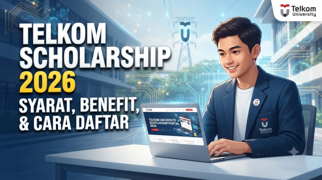 Mahasiswa sedang mempelajari panduan pendaftaran Telkom Scholarship 2026 di website resmi.