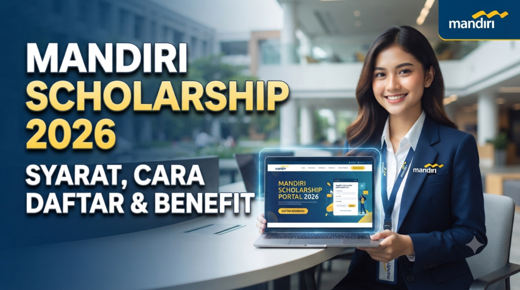Mahasiswa menunjukkan portal pendaftaran Mandiri Scholarship 2026 di layar laptop.