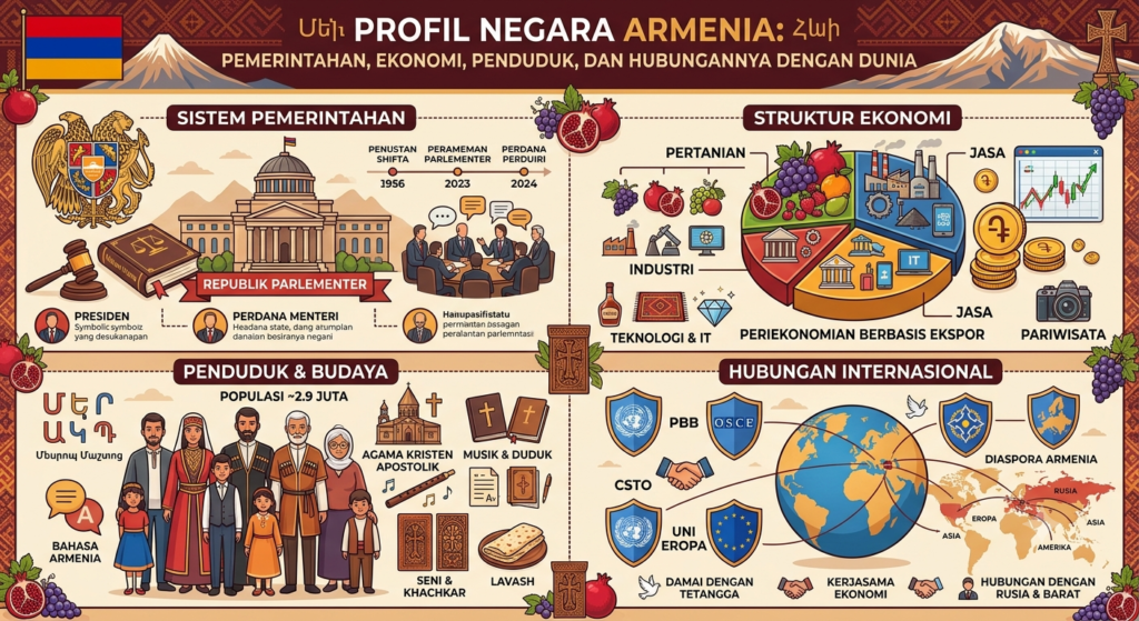 # Profil Negara Armenia: Pemerintahan, Ekonomi, Penduduk, dan Hubungannya dengan Dunia ## Mengenal Armenia, Negara Bersejarah di Kawasan Kaukasus Armenia adalah salah satu negara tertua di dunia yang memiliki sejarah panjang, budaya yang kaya, dan posisi geografis yang strategis di kawasan Kaukasus Selatan. Negara ini dikenal sebagai negara pertama yang menjadikan agama Kristen sebagai agama resmi pada tahun 301 Masehi, sehingga memiliki banyak situs keagamaan dan warisan budaya yang bernilai tinggi. Meskipun memiliki wilayah yang relatif kecil, Armenia memainkan peran penting dalam kawasan Kaukasus melalui hubungan diplomatik, perkembangan ekonomi, dan warisan sejarahnya. Dalam beberapa tahun terakhir, Armenia juga mulai dikenal sebagai salah satu negara dengan pertumbuhan sektor teknologi informasi yang cukup pesat. Artikel ini akan mengulas secara lengkap mengenai **profil negara Armenia**, mulai dari sistem pemerintahan, kondisi ekonomi, penduduk, hingga hubungan Armenia dengan negara-negara lain di dunia. ## Profil Singkat Negara Armenia Berikut adalah informasi umum mengenai Armenia: * **Nama resmi:** Republik Armenia (Republic of Armenia) * **Ibu kota:** Yerevan * **Luas wilayah:** Sekitar 29.743 km² * **Jumlah penduduk:** Sekitar 3 juta jiwa * **Bahasa resmi:** Bahasa Armenia * **Mata uang:** Armenian Dram (AMD) * **Agama mayoritas:** Kristen Apostolik Armenia * **Hari Kemerdekaan:** 21 September 1991 Armenia merupakan negara yang tidak memiliki garis pantai (*landlocked country*) dan berada di persimpangan antara Eropa dan Asia. ## Letak Geografis Armenia Armenia terletak di kawasan Kaukasus Selatan dan berbatasan dengan: * Turki di sebelah barat. * Georgia di sebelah utara. * Azerbaijan di sebelah timur. * Iran di sebelah selatan. Sebagian besar wilayah Armenia berupa dataran tinggi dan pegunungan dengan ketinggian rata-rata sekitar 1.800 meter di atas permukaan laut. Gunung Ararat, meskipun saat ini berada di wilayah Turki, tetap menjadi simbol nasional Armenia dan memiliki nilai historis serta religius bagi masyarakatnya. Danau Sevan merupakan danau terbesar di negara ini sekaligus salah satu danau air tawar terbesar di kawasan Kaukasus. ## Sistem Pemerintahan Armenia Armenia menganut sistem **republik parlementer**. Dalam sistem ini, kekuasaan eksekutif dijalankan oleh Perdana Menteri yang dipilih berdasarkan dukungan mayoritas di parlemen. Sementara itu, Presiden Armenia berperan sebagai kepala negara dengan tugas-tugas yang lebih bersifat seremonial dan konstitusional. Parlemen Armenia dikenal dengan nama **Majelis Nasional** yang memiliki kewenangan dalam pembentukan undang-undang, pengawasan pemerintah, serta pengambilan keputusan politik nasional. Pemerintahan Armenia berupaya memperkuat demokrasi, meningkatkan transparansi, serta melakukan reformasi di berbagai sektor untuk mendukung pembangunan nasional. ## Kondisi Ekonomi Armenia Ekonomi Armenia mengalami perubahan besar sejak memperoleh kemerdekaan dari Uni Soviet pada tahun 1991. Negara ini beralih dari sistem ekonomi terpusat menuju ekonomi pasar yang lebih terbuka. Saat ini, sektor-sektor utama perekonomian Armenia meliputi: ### 1. Teknologi Informasi Industri teknologi menjadi salah satu sektor dengan pertumbuhan tercepat. Banyak perusahaan rintisan (*startup*) bermunculan di bidang perangkat lunak, kecerdasan buatan, dan teknologi digital. Pemerintah Armenia juga aktif mendukung inovasi melalui investasi di bidang pendidikan dan teknologi. ### 2. Pertambangan Armenia memiliki sumber daya mineral yang cukup melimpah, seperti: * Tembaga * Molibdenum * Emas * Seng Hasil tambang menjadi salah satu komoditas ekspor utama negara ini. ### 3. Pertanian Pertanian masih menjadi sumber penghidupan masyarakat pedesaan. Komoditas unggulan antara lain: * Aprikot * Anggur * Delima * Gandum * Kentang Produk pertanian Armenia juga digunakan sebagai bahan baku industri makanan dan minuman. ### 4. Pariwisata Pariwisata terus berkembang berkat banyaknya situs sejarah, gereja kuno, dan panorama alam pegunungan yang menarik wisatawan mancanegara. Destinasi populer meliputi: * Yerevan * Danau Sevan * Biara Geghard * Kuil Garni * Biara Tatev ## Penduduk Armenia Armenia memiliki populasi sekitar tiga juta jiwa. Mayoritas penduduk merupakan etnis Armenia yang memiliki identitas budaya dan bahasa yang kuat. Selain itu, terdapat komunitas kecil etnis Yazidi, Rusia, Kurdi, dan kelompok minoritas lainnya. Bahasa resmi negara adalah bahasa Armenia yang menggunakan alfabet khusus ciptaan Mesrop Mashtots pada abad ke-5. Di kota-kota besar, sebagian masyarakat juga menggunakan bahasa Rusia dan bahasa Inggris, terutama dalam sektor pendidikan, bisnis, dan pariwisata. ## Agama dan Kehidupan Sosial Sebagian besar masyarakat Armenia menganut agama Kristen dari Gereja Apostolik Armenia. Agama menjadi bagian penting dalam kehidupan sehari-hari masyarakat dan turut membentuk identitas nasional negara tersebut. Banyak gereja dan biara kuno masih digunakan sebagai tempat ibadah sekaligus objek wisata sejarah. Masyarakat Armenia dikenal menjunjung tinggi nilai keluarga, pendidikan, serta pelestarian budaya tradisional. ## Pendidikan di Armenia Armenia memiliki tingkat melek huruf yang tinggi. Pendidikan dasar dan menengah mendapatkan perhatian serius dari pemerintah. Negara ini juga dikenal memiliki tradisi kuat dalam bidang: * Matematika * Sains * Teknologi * Teknik Selain itu, permainan catur bahkan menjadi mata pelajaran wajib di banyak sekolah sebagai bagian dari pengembangan kemampuan berpikir strategis. ## Hubungan Armenia dengan Dunia Sebagai negara merdeka, Armenia menjalin hubungan diplomatik dengan berbagai negara di dunia. Armenia menjadi anggota sejumlah organisasi internasional, termasuk Perserikatan Bangsa-Bangsa (PBB), Organisasi Keamanan dan Kerja Sama di Eropa (OSCE), serta organisasi regional lainnya. Negara ini juga memiliki hubungan ekonomi dan budaya yang erat dengan negara-negara di Eropa, Asia, Timur Tengah, dan Amerika Utara. Diaspora Armenia yang tersebar di berbagai negara, seperti Rusia, Amerika Serikat, Prancis, Kanada, dan Lebanon, turut berperan penting dalam memperkuat hubungan internasional melalui investasi, perdagangan, dan pelestarian budaya. Di sisi lain, Armenia juga menghadapi tantangan geopolitik, terutama terkait hubungan dengan negara-negara tetangga di kawasan Kaukasus. Meskipun demikian, pemerintah terus berupaya memperluas kerja sama internasional demi mendukung stabilitas kawasan dan pertumbuhan ekonomi. ## Budaya Armenia yang Mendunia Budaya Armenia merupakan hasil perpaduan berbagai peradaban yang berkembang selama ribuan tahun. Beberapa warisan budaya yang terkenal meliputi: * Musik tradisional menggunakan alat musik **duduk**. * Tarian rakyat Armenia. * Roti tradisional **Lavash** yang telah diakui UNESCO sebagai Warisan Budaya Takbenda. * Kerajinan tangan berupa karpet dan ukiran kayu. * Festival budaya yang masih rutin diselenggarakan setiap tahun. Budaya tersebut menjadi salah satu daya tarik utama bagi wisatawan mancanegara. ## Fakta Menarik tentang Armenia Berikut beberapa fakta unik mengenai Armenia: * Armenia merupakan negara pertama yang menjadikan agama Kristen sebagai agama resmi. * Yerevan termasuk salah satu kota tertua di dunia yang masih dihuni hingga sekarang. * Armenia memiliki alfabet sendiri yang telah digunakan selama lebih dari 1.600 tahun. * Catur menjadi mata pelajaran wajib di sekolah dasar. * Gunung Ararat menjadi simbol nasional meskipun berada di luar wilayah Armenia. * Lavash, roti tradisional Armenia, telah diakui sebagai Warisan Budaya Takbenda UNESCO. * Armenia dikenal sebagai salah satu pusat perkembangan industri teknologi di kawasan Kaukasus. ## Kesimpulan Armenia adalah negara kecil yang memiliki pengaruh besar dalam sejarah dan kebudayaan dunia. Dengan sistem pemerintahan republik parlementer, ekonomi yang terus berkembang, serta masyarakat yang menjunjung tinggi pendidikan dan tradisi, Armenia berhasil mempertahankan identitasnya di tengah perubahan global. Keberadaan sektor teknologi yang berkembang pesat, kekayaan sumber daya alam, serta hubungan internasional yang terus diperkuat menunjukkan bahwa Armenia memiliki potensi besar untuk terus tumbuh di masa depan. Bagi siapa pun yang ingin memahami kawasan Kaukasus, mengenal profil Armenia merupakan langkah penting untuk memahami sejarah, politik, ekonomi, dan budaya di wilayah tersebut. **Meta Description:** Profil lengkap negara Armenia yang membahas sistem pemerintahan, ekonomi, penduduk, budaya, letak geografis, serta hubungan Armenia dengan dunia secara lengkap dan SEO friendly.