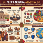 # Profil Negara Armenia: Pemerintahan, Ekonomi, Penduduk, dan Hubungannya dengan Dunia ## Mengenal Armenia, Negara Bersejarah di Kawasan Kaukasus Armenia adalah salah satu negara tertua di dunia yang memiliki sejarah panjang, budaya yang kaya, dan posisi geografis yang strategis di kawasan Kaukasus Selatan. Negara ini dikenal sebagai negara pertama yang menjadikan agama Kristen sebagai agama resmi pada tahun 301 Masehi, sehingga memiliki banyak situs keagamaan dan warisan budaya yang bernilai tinggi. Meskipun memiliki wilayah yang relatif kecil, Armenia memainkan peran penting dalam kawasan Kaukasus melalui hubungan diplomatik, perkembangan ekonomi, dan warisan sejarahnya. Dalam beberapa tahun terakhir, Armenia juga mulai dikenal sebagai salah satu negara dengan pertumbuhan sektor teknologi informasi yang cukup pesat. Artikel ini akan mengulas secara lengkap mengenai **profil negara Armenia**, mulai dari sistem pemerintahan, kondisi ekonomi, penduduk, hingga hubungan Armenia dengan negara-negara lain di dunia. ## Profil Singkat Negara Armenia Berikut adalah informasi umum mengenai Armenia: * **Nama resmi:** Republik Armenia (Republic of Armenia) * **Ibu kota:** Yerevan * **Luas wilayah:** Sekitar 29.743 km² * **Jumlah penduduk:** Sekitar 3 juta jiwa * **Bahasa resmi:** Bahasa Armenia * **Mata uang:** Armenian Dram (AMD) * **Agama mayoritas:** Kristen Apostolik Armenia * **Hari Kemerdekaan:** 21 September 1991 Armenia merupakan negara yang tidak memiliki garis pantai (*landlocked country*) dan berada di persimpangan antara Eropa dan Asia. ## Letak Geografis Armenia Armenia terletak di kawasan Kaukasus Selatan dan berbatasan dengan: * Turki di sebelah barat. * Georgia di sebelah utara. * Azerbaijan di sebelah timur. * Iran di sebelah selatan. Sebagian besar wilayah Armenia berupa dataran tinggi dan pegunungan dengan ketinggian rata-rata sekitar 1.800 meter di atas permukaan laut. Gunung Ararat, meskipun saat ini berada di wilayah Turki, tetap menjadi simbol nasional Armenia dan memiliki nilai historis serta religius bagi masyarakatnya. Danau Sevan merupakan danau terbesar di negara ini sekaligus salah satu danau air tawar terbesar di kawasan Kaukasus. ## Sistem Pemerintahan Armenia Armenia menganut sistem **republik parlementer**. Dalam sistem ini, kekuasaan eksekutif dijalankan oleh Perdana Menteri yang dipilih berdasarkan dukungan mayoritas di parlemen. Sementara itu, Presiden Armenia berperan sebagai kepala negara dengan tugas-tugas yang lebih bersifat seremonial dan konstitusional. Parlemen Armenia dikenal dengan nama **Majelis Nasional** yang memiliki kewenangan dalam pembentukan undang-undang, pengawasan pemerintah, serta pengambilan keputusan politik nasional. Pemerintahan Armenia berupaya memperkuat demokrasi, meningkatkan transparansi, serta melakukan reformasi di berbagai sektor untuk mendukung pembangunan nasional. ## Kondisi Ekonomi Armenia Ekonomi Armenia mengalami perubahan besar sejak memperoleh kemerdekaan dari Uni Soviet pada tahun 1991. Negara ini beralih dari sistem ekonomi terpusat menuju ekonomi pasar yang lebih terbuka. Saat ini, sektor-sektor utama perekonomian Armenia meliputi: ### 1. Teknologi Informasi Industri teknologi menjadi salah satu sektor dengan pertumbuhan tercepat. Banyak perusahaan rintisan (*startup*) bermunculan di bidang perangkat lunak, kecerdasan buatan, dan teknologi digital. Pemerintah Armenia juga aktif mendukung inovasi melalui investasi di bidang pendidikan dan teknologi. ### 2. Pertambangan Armenia memiliki sumber daya mineral yang cukup melimpah, seperti: * Tembaga * Molibdenum * Emas * Seng Hasil tambang menjadi salah satu komoditas ekspor utama negara ini. ### 3. Pertanian Pertanian masih menjadi sumber penghidupan masyarakat pedesaan. Komoditas unggulan antara lain: * Aprikot * Anggur * Delima * Gandum * Kentang Produk pertanian Armenia juga digunakan sebagai bahan baku industri makanan dan minuman. ### 4. Pariwisata Pariwisata terus berkembang berkat banyaknya situs sejarah, gereja kuno, dan panorama alam pegunungan yang menarik wisatawan mancanegara. Destinasi populer meliputi: * Yerevan * Danau Sevan * Biara Geghard * Kuil Garni * Biara Tatev ## Penduduk Armenia Armenia memiliki populasi sekitar tiga juta jiwa. Mayoritas penduduk merupakan etnis Armenia yang memiliki identitas budaya dan bahasa yang kuat. Selain itu, terdapat komunitas kecil etnis Yazidi, Rusia, Kurdi, dan kelompok minoritas lainnya. Bahasa resmi negara adalah bahasa Armenia yang menggunakan alfabet khusus ciptaan Mesrop Mashtots pada abad ke-5. Di kota-kota besar, sebagian masyarakat juga menggunakan bahasa Rusia dan bahasa Inggris, terutama dalam sektor pendidikan, bisnis, dan pariwisata. ## Agama dan Kehidupan Sosial Sebagian besar masyarakat Armenia menganut agama Kristen dari Gereja Apostolik Armenia. Agama menjadi bagian penting dalam kehidupan sehari-hari masyarakat dan turut membentuk identitas nasional negara tersebut. Banyak gereja dan biara kuno masih digunakan sebagai tempat ibadah sekaligus objek wisata sejarah. Masyarakat Armenia dikenal menjunjung tinggi nilai keluarga, pendidikan, serta pelestarian budaya tradisional. ## Pendidikan di Armenia Armenia memiliki tingkat melek huruf yang tinggi. Pendidikan dasar dan menengah mendapatkan perhatian serius dari pemerintah. Negara ini juga dikenal memiliki tradisi kuat dalam bidang: * Matematika * Sains * Teknologi * Teknik Selain itu, permainan catur bahkan menjadi mata pelajaran wajib di banyak sekolah sebagai bagian dari pengembangan kemampuan berpikir strategis. ## Hubungan Armenia dengan Dunia Sebagai negara merdeka, Armenia menjalin hubungan diplomatik dengan berbagai negara di dunia. Armenia menjadi anggota sejumlah organisasi internasional, termasuk Perserikatan Bangsa-Bangsa (PBB), Organisasi Keamanan dan Kerja Sama di Eropa (OSCE), serta organisasi regional lainnya. Negara ini juga memiliki hubungan ekonomi dan budaya yang erat dengan negara-negara di Eropa, Asia, Timur Tengah, dan Amerika Utara. Diaspora Armenia yang tersebar di berbagai negara, seperti Rusia, Amerika Serikat, Prancis, Kanada, dan Lebanon, turut berperan penting dalam memperkuat hubungan internasional melalui investasi, perdagangan, dan pelestarian budaya. Di sisi lain, Armenia juga menghadapi tantangan geopolitik, terutama terkait hubungan dengan negara-negara tetangga di kawasan Kaukasus. Meskipun demikian, pemerintah terus berupaya memperluas kerja sama internasional demi mendukung stabilitas kawasan dan pertumbuhan ekonomi. ## Budaya Armenia yang Mendunia Budaya Armenia merupakan hasil perpaduan berbagai peradaban yang berkembang selama ribuan tahun. Beberapa warisan budaya yang terkenal meliputi: * Musik tradisional menggunakan alat musik **duduk**. * Tarian rakyat Armenia. * Roti tradisional **Lavash** yang telah diakui UNESCO sebagai Warisan Budaya Takbenda. * Kerajinan tangan berupa karpet dan ukiran kayu. * Festival budaya yang masih rutin diselenggarakan setiap tahun. Budaya tersebut menjadi salah satu daya tarik utama bagi wisatawan mancanegara. ## Fakta Menarik tentang Armenia Berikut beberapa fakta unik mengenai Armenia: * Armenia merupakan negara pertama yang menjadikan agama Kristen sebagai agama resmi. * Yerevan termasuk salah satu kota tertua di dunia yang masih dihuni hingga sekarang. * Armenia memiliki alfabet sendiri yang telah digunakan selama lebih dari 1.600 tahun. * Catur menjadi mata pelajaran wajib di sekolah dasar. * Gunung Ararat menjadi simbol nasional meskipun berada di luar wilayah Armenia. * Lavash, roti tradisional Armenia, telah diakui sebagai Warisan Budaya Takbenda UNESCO. * Armenia dikenal sebagai salah satu pusat perkembangan industri teknologi di kawasan Kaukasus. ## Kesimpulan Armenia adalah negara kecil yang memiliki pengaruh besar dalam sejarah dan kebudayaan dunia. Dengan sistem pemerintahan republik parlementer, ekonomi yang terus berkembang, serta masyarakat yang menjunjung tinggi pendidikan dan tradisi, Armenia berhasil mempertahankan identitasnya di tengah perubahan global. Keberadaan sektor teknologi yang berkembang pesat, kekayaan sumber daya alam, serta hubungan internasional yang terus diperkuat menunjukkan bahwa Armenia memiliki potensi besar untuk terus tumbuh di masa depan. Bagi siapa pun yang ingin memahami kawasan Kaukasus, mengenal profil Armenia merupakan langkah penting untuk memahami sejarah, politik, ekonomi, dan budaya di wilayah tersebut. **Meta Description:** Profil lengkap negara Armenia yang membahas sistem pemerintahan, ekonomi, penduduk, budaya, letak geografis, serta hubungan Armenia dengan dunia secara lengkap dan SEO friendly.