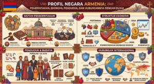 # Profil Negara Armenia: Pemerintahan, Ekonomi, Penduduk, dan Hubungannya dengan Dunia ## Mengenal Armenia, Negara Bersejarah di Kawasan Kaukasus Armenia adalah salah satu negara tertua di dunia yang memiliki sejarah panjang, budaya yang kaya, dan posisi geografis yang strategis di kawasan Kaukasus Selatan. Negara ini dikenal sebagai negara pertama yang menjadikan agama Kristen sebagai agama resmi pada tahun 301 Masehi, sehingga memiliki banyak situs keagamaan dan warisan budaya yang bernilai tinggi. Meskipun memiliki wilayah yang relatif kecil, Armenia memainkan peran penting dalam kawasan Kaukasus melalui hubungan diplomatik, perkembangan ekonomi, dan warisan sejarahnya. Dalam beberapa tahun terakhir, Armenia juga mulai dikenal sebagai salah satu negara dengan pertumbuhan sektor teknologi informasi yang cukup pesat. Artikel ini akan mengulas secara lengkap mengenai **profil negara Armenia**, mulai dari sistem pemerintahan, kondisi ekonomi, penduduk, hingga hubungan Armenia dengan negara-negara lain di dunia. ## Profil Singkat Negara Armenia Berikut adalah informasi umum mengenai Armenia: * **Nama resmi:** Republik Armenia (Republic of Armenia) * **Ibu kota:** Yerevan * **Luas wilayah:** Sekitar 29.743 km² * **Jumlah penduduk:** Sekitar 3 juta jiwa * **Bahasa resmi:** Bahasa Armenia * **Mata uang:** Armenian Dram (AMD) * **Agama mayoritas:** Kristen Apostolik Armenia * **Hari Kemerdekaan:** 21 September 1991 Armenia merupakan negara yang tidak memiliki garis pantai (*landlocked country*) dan berada di persimpangan antara Eropa dan Asia. ## Letak Geografis Armenia Armenia terletak di kawasan Kaukasus Selatan dan berbatasan dengan: * Turki di sebelah barat. * Georgia di sebelah utara. * Azerbaijan di sebelah timur. * Iran di sebelah selatan. Sebagian besar wilayah Armenia berupa dataran tinggi dan pegunungan dengan ketinggian rata-rata sekitar 1.800 meter di atas permukaan laut. Gunung Ararat, meskipun saat ini berada di wilayah Turki, tetap menjadi simbol nasional Armenia dan memiliki nilai historis serta religius bagi masyarakatnya. Danau Sevan merupakan danau terbesar di negara ini sekaligus salah satu danau air tawar terbesar di kawasan Kaukasus. ## Sistem Pemerintahan Armenia Armenia menganut sistem **republik parlementer**. Dalam sistem ini, kekuasaan eksekutif dijalankan oleh Perdana Menteri yang dipilih berdasarkan dukungan mayoritas di parlemen. Sementara itu, Presiden Armenia berperan sebagai kepala negara dengan tugas-tugas yang lebih bersifat seremonial dan konstitusional. Parlemen Armenia dikenal dengan nama **Majelis Nasional** yang memiliki kewenangan dalam pembentukan undang-undang, pengawasan pemerintah, serta pengambilan keputusan politik nasional. Pemerintahan Armenia berupaya memperkuat demokrasi, meningkatkan transparansi, serta melakukan reformasi di berbagai sektor untuk mendukung pembangunan nasional. ## Kondisi Ekonomi Armenia Ekonomi Armenia mengalami perubahan besar sejak memperoleh kemerdekaan dari Uni Soviet pada tahun 1991. Negara ini beralih dari sistem ekonomi terpusat menuju ekonomi pasar yang lebih terbuka. Saat ini, sektor-sektor utama perekonomian Armenia meliputi: ### 1. Teknologi Informasi Industri teknologi menjadi salah satu sektor dengan pertumbuhan tercepat. Banyak perusahaan rintisan (*startup*) bermunculan di bidang perangkat lunak, kecerdasan buatan, dan teknologi digital. Pemerintah Armenia juga aktif mendukung inovasi melalui investasi di bidang pendidikan dan teknologi. ### 2. Pertambangan Armenia memiliki sumber daya mineral yang cukup melimpah, seperti: * Tembaga * Molibdenum * Emas * Seng Hasil tambang menjadi salah satu komoditas ekspor utama negara ini. ### 3. Pertanian Pertanian masih menjadi sumber penghidupan masyarakat pedesaan. Komoditas unggulan antara lain: * Aprikot * Anggur * Delima * Gandum * Kentang Produk pertanian Armenia juga digunakan sebagai bahan baku industri makanan dan minuman. ### 4. Pariwisata Pariwisata terus berkembang berkat banyaknya situs sejarah, gereja kuno, dan panorama alam pegunungan yang menarik wisatawan mancanegara. Destinasi populer meliputi: * Yerevan * Danau Sevan * Biara Geghard * Kuil Garni * Biara Tatev ## Penduduk Armenia Armenia memiliki populasi sekitar tiga juta jiwa. Mayoritas penduduk merupakan etnis Armenia yang memiliki identitas budaya dan bahasa yang kuat. Selain itu, terdapat komunitas kecil etnis Yazidi, Rusia, Kurdi, dan kelompok minoritas lainnya. Bahasa resmi negara adalah bahasa Armenia yang menggunakan alfabet khusus ciptaan Mesrop Mashtots pada abad ke-5. Di kota-kota besar, sebagian masyarakat juga menggunakan bahasa Rusia dan bahasa Inggris, terutama dalam sektor pendidikan, bisnis, dan pariwisata. ## Agama dan Kehidupan Sosial Sebagian besar masyarakat Armenia menganut agama Kristen dari Gereja Apostolik Armenia. Agama menjadi bagian penting dalam kehidupan sehari-hari masyarakat dan turut membentuk identitas nasional negara tersebut. Banyak gereja dan biara kuno masih digunakan sebagai tempat ibadah sekaligus objek wisata sejarah. Masyarakat Armenia dikenal menjunjung tinggi nilai keluarga, pendidikan, serta pelestarian budaya tradisional. ## Pendidikan di Armenia Armenia memiliki tingkat melek huruf yang tinggi. Pendidikan dasar dan menengah mendapatkan perhatian serius dari pemerintah. Negara ini juga dikenal memiliki tradisi kuat dalam bidang: * Matematika * Sains * Teknologi * Teknik Selain itu, permainan catur bahkan menjadi mata pelajaran wajib di banyak sekolah sebagai bagian dari pengembangan kemampuan berpikir strategis. ## Hubungan Armenia dengan Dunia Sebagai negara merdeka, Armenia menjalin hubungan diplomatik dengan berbagai negara di dunia. Armenia menjadi anggota sejumlah organisasi internasional, termasuk Perserikatan Bangsa-Bangsa (PBB), Organisasi Keamanan dan Kerja Sama di Eropa (OSCE), serta organisasi regional lainnya. Negara ini juga memiliki hubungan ekonomi dan budaya yang erat dengan negara-negara di Eropa, Asia, Timur Tengah, dan Amerika Utara. Diaspora Armenia yang tersebar di berbagai negara, seperti Rusia, Amerika Serikat, Prancis, Kanada, dan Lebanon, turut berperan penting dalam memperkuat hubungan internasional melalui investasi, perdagangan, dan pelestarian budaya. Di sisi lain, Armenia juga menghadapi tantangan geopolitik, terutama terkait hubungan dengan negara-negara tetangga di kawasan Kaukasus. Meskipun demikian, pemerintah terus berupaya memperluas kerja sama internasional demi mendukung stabilitas kawasan dan pertumbuhan ekonomi. ## Budaya Armenia yang Mendunia Budaya Armenia merupakan hasil perpaduan berbagai peradaban yang berkembang selama ribuan tahun. Beberapa warisan budaya yang terkenal meliputi: * Musik tradisional menggunakan alat musik **duduk**. * Tarian rakyat Armenia. * Roti tradisional **Lavash** yang telah diakui UNESCO sebagai Warisan Budaya Takbenda. * Kerajinan tangan berupa karpet dan ukiran kayu. * Festival budaya yang masih rutin diselenggarakan setiap tahun. Budaya tersebut menjadi salah satu daya tarik utama bagi wisatawan mancanegara. ## Fakta Menarik tentang Armenia Berikut beberapa fakta unik mengenai Armenia: * Armenia merupakan negara pertama yang menjadikan agama Kristen sebagai agama resmi. * Yerevan termasuk salah satu kota tertua di dunia yang masih dihuni hingga sekarang. * Armenia memiliki alfabet sendiri yang telah digunakan selama lebih dari 1.600 tahun. * Catur menjadi mata pelajaran wajib di sekolah dasar. * Gunung Ararat menjadi simbol nasional meskipun berada di luar wilayah Armenia. * Lavash, roti tradisional Armenia, telah diakui sebagai Warisan Budaya Takbenda UNESCO. * Armenia dikenal sebagai salah satu pusat perkembangan industri teknologi di kawasan Kaukasus. ## Kesimpulan Armenia adalah negara kecil yang memiliki pengaruh besar dalam sejarah dan kebudayaan dunia. Dengan sistem pemerintahan republik parlementer, ekonomi yang terus berkembang, serta masyarakat yang menjunjung tinggi pendidikan dan tradisi, Armenia berhasil mempertahankan identitasnya di tengah perubahan global. Keberadaan sektor teknologi yang berkembang pesat, kekayaan sumber daya alam, serta hubungan internasional yang terus diperkuat menunjukkan bahwa Armenia memiliki potensi besar untuk terus tumbuh di masa depan. Bagi siapa pun yang ingin memahami kawasan Kaukasus, mengenal profil Armenia merupakan langkah penting untuk memahami sejarah, politik, ekonomi, dan budaya di wilayah tersebut. **Meta Description:** Profil lengkap negara Armenia yang membahas sistem pemerintahan, ekonomi, penduduk, budaya, letak geografis, serta hubungan Armenia dengan dunia secara lengkap dan SEO friendly.