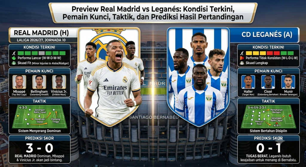 Preview Real Madrid vs Leganés: Kondisi Terkini, Pemain Kunci, Taktik, dan Prediksi Hasil Pertandingan