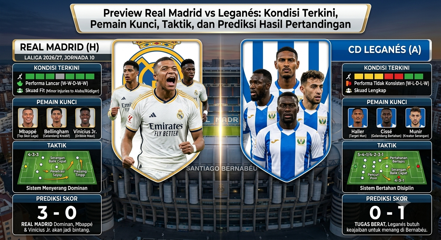 Preview Real Madrid vs Leganés: Kondisi Terkini, Pemain Kunci, Taktik, dan Prediksi Hasil Pertandingan