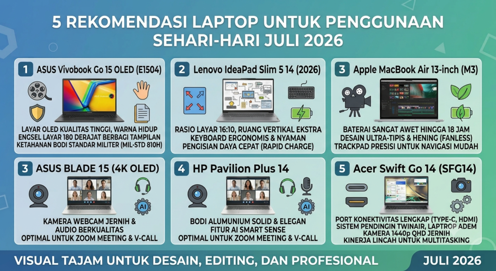 5 Rekomendasi Laptop untuk Penggunaan Sehari-hari Terbaik (Juli 2026): Andal, Lincah, dan Efisien