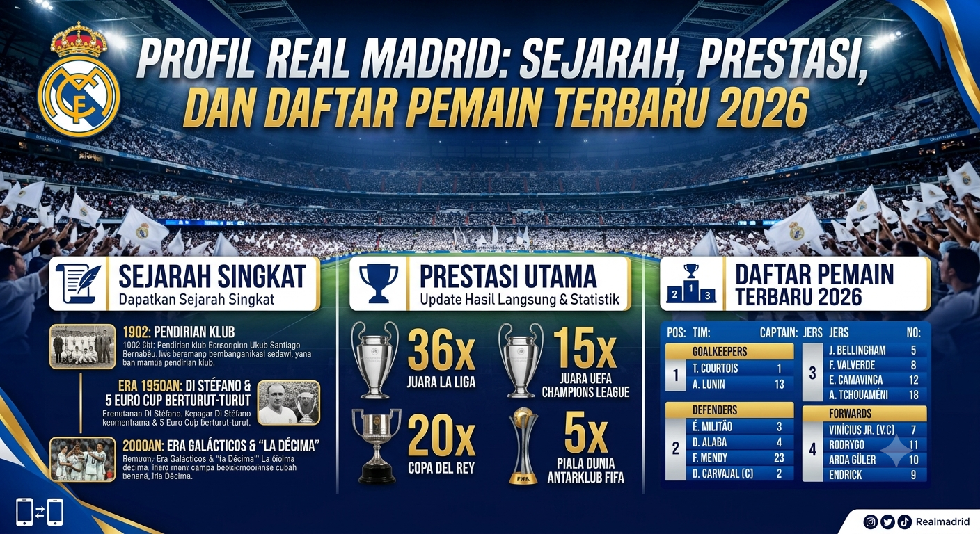 Profil Real Madrid: Sejarah, Prestasi, dan Daftar Pemain Terbaru 2026