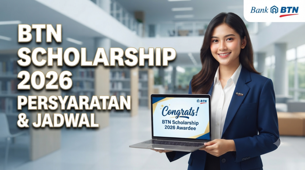 Mahasiswa menunjukkan portal pendaftaran BTN Scholarship 2026 di layar laptop.