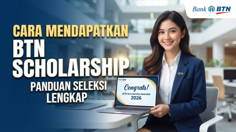 Mahasiswa berprestasi menunjukkan portal kesuksesan BTN Scholarship 2026 di layar laptop.