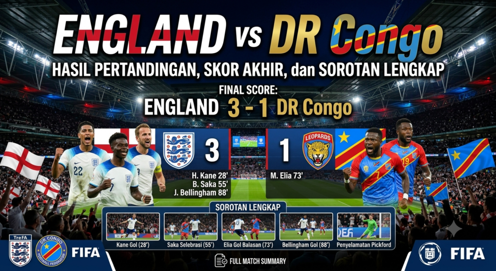 England vs DR Congo: Hasil Pertandingan, Skor Akhir, dan Sorotan Lengkap