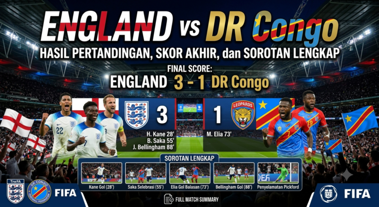England vs DR Congo: Hasil Pertandingan, Skor Akhir, dan Sorotan Lengkap