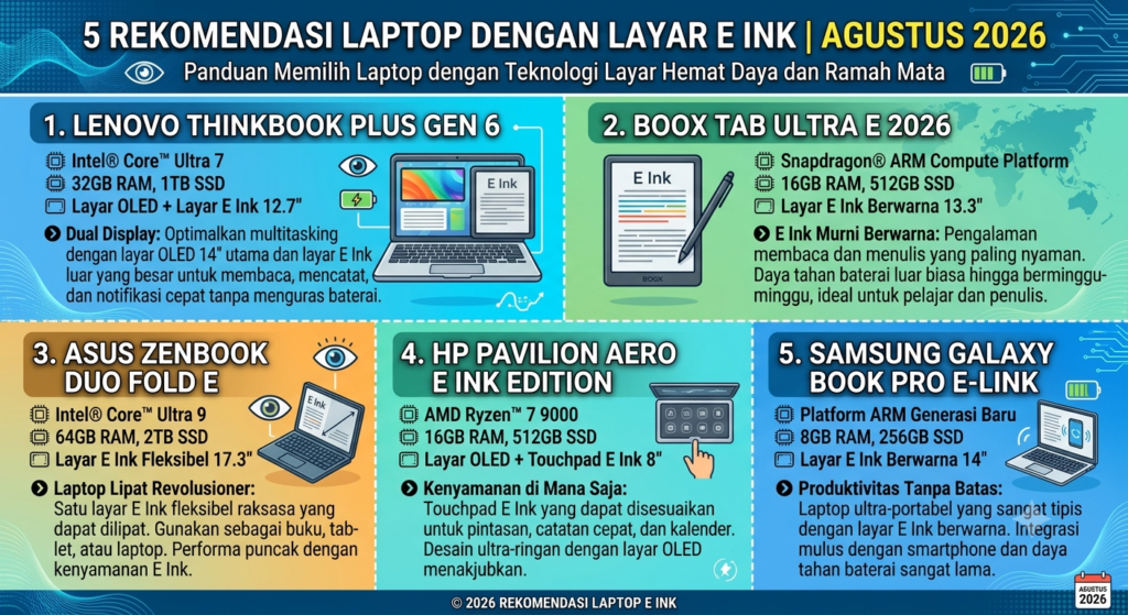 5 Rekomendasi Laptop dengan Layar E-Ink Terbaik (Agustus 2026)