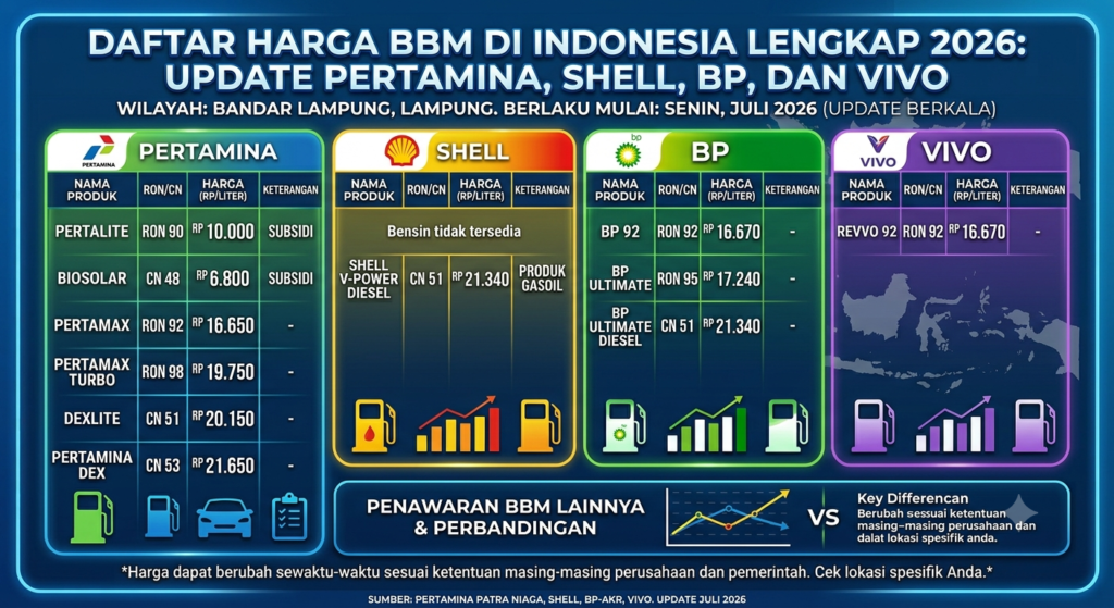 Daftar Harga BBM di Indonesia 2026 Lengkap: Update Pertamina, Shell, BP, dan Vivo