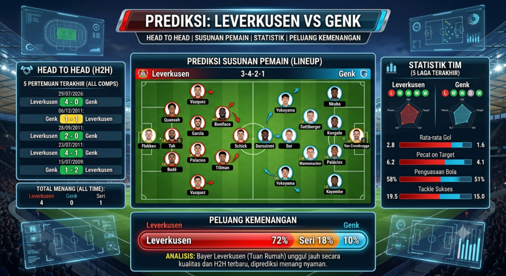 Prediksi Leverkusen vs Genk: Head to Head, Susunan Pemain, Statistik, dan Peluang Kemenangan