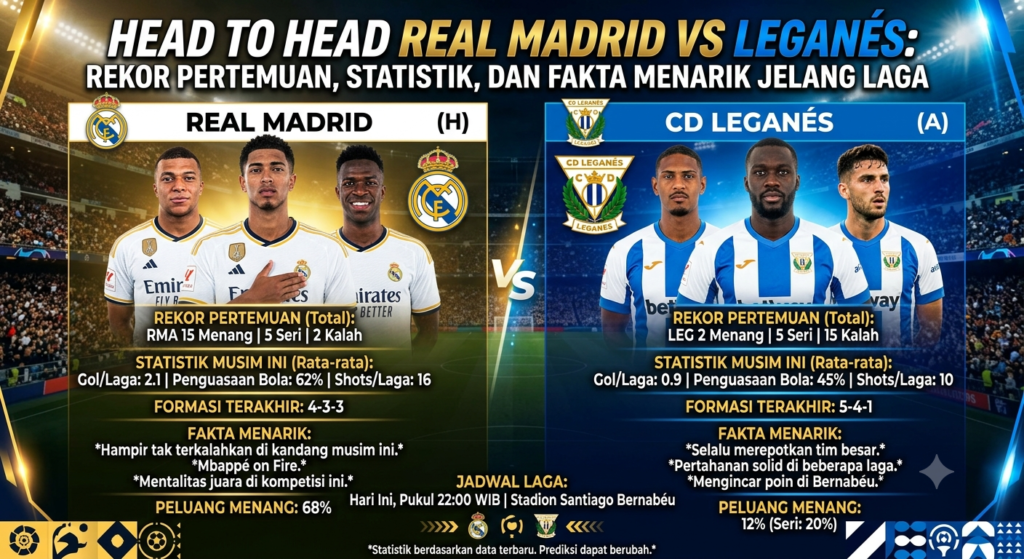 Head to Head Real Madrid vs Leganés: Rekor Pertemuan, Statistik, dan Fakta Menarik Jelang Laga