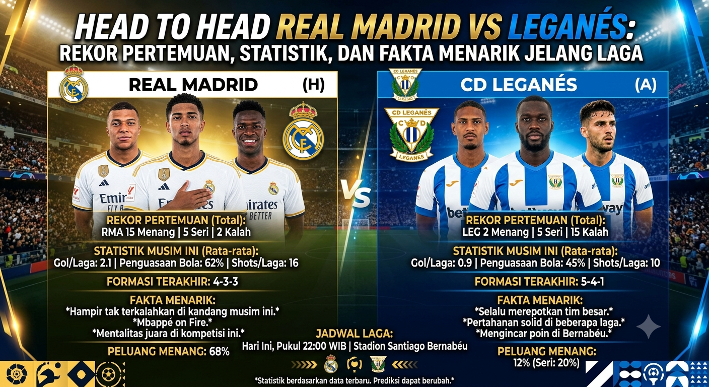 Head to Head Real Madrid vs Leganés: Rekor Pertemuan, Statistik, dan Fakta Menarik Jelang Laga