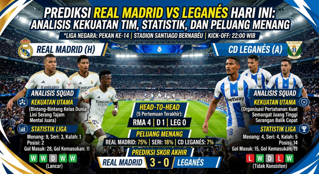 Prediksi Real Madrid vs Leganés Hari Ini: Analisis Kekuatan Tim, Statistik, dan Peluang Menang Pertandingan Real Madrid vs Leganés menjadi salah satu laga yang menarik perhatian para pencinta sepak bola Spanyol. Meskipun kedua tim memiliki perbedaan kualitas skuad yang cukup signifikan, duel ini tetap menghadirkan daya tarik tersendiri. Real Madrid datang sebagai favorit berkat kedalaman skuad dan pengalaman di level tertinggi, sedangkan Leganés bertekad memberikan kejutan melalui permainan disiplin dan semangat juang tinggi. Laga ini juga menjadi momen penting bagi kedua tim untuk mengukur kesiapan menghadapi musim baru. Real Madrid ingin menjaga performa impresifnya, sementara Leganés berupaya membangun kepercayaan diri sebelum memasuki kompetisi resmi. Preview Pertandingan Real Madrid vs Leganés Real Madrid memiliki tradisi kuat dalam mendominasi pertandingan melawan tim-tim papan tengah dan bawah La Liga. Dengan kualitas pemain yang merata di setiap lini, Los Blancos hampir selalu mampu mengontrol jalannya pertandingan melalui penguasaan bola dan serangan cepat. Di sisi lain, Leganés dikenal sebagai tim yang memiliki organisasi pertahanan cukup baik. Mereka sering mengandalkan permainan kolektif, pressing di area tertentu, serta serangan balik cepat untuk menciptakan peluang. Laga ini diprediksi berlangsung menarik karena kedua tim memiliki tujuan berbeda. Real Madrid ingin menunjukkan kualitas sebagai salah satu klub terbaik dunia, sedangkan Leganés ingin membuktikan bahwa mereka mampu bersaing melawan lawan yang lebih kuat. Kondisi Terkini Real Madrid Real Madrid memasuki pertandingan dengan kondisi yang cukup positif. Skuad mereka dipenuhi pemain berkualitas yang mampu membuat perbedaan kapan saja. Beberapa faktor yang menjadi kekuatan Real Madrid antara lain: 1. Kedalaman Skuad Real Madrid memiliki banyak pemain berkualitas di setiap posisi. Bahkan pemain pelapis mereka memiliki kemampuan yang tidak jauh berbeda dengan pemain inti. 2. Lini Tengah Kreatif Lini tengah menjadi kekuatan utama Los Blancos. Kombinasi gelandang bertahan, box-to-box, dan playmaker membuat permainan Real Madrid lebih variatif. 3. Serangan Cepat Real Madrid terkenal mampu melakukan transisi menyerang dengan sangat cepat. Dalam hitungan detik mereka dapat mengubah situasi bertahan menjadi peluang mencetak gol. 4. Mental Juara Sebagai klub yang memiliki banyak gelar bergengsi, para pemain Real Madrid terbiasa tampil di bawah tekanan. Mental inilah yang sering menjadi pembeda ketika menghadapi pertandingan penting. Kondisi Terkini Leganés Leganés datang tanpa beban besar. Status sebagai underdog justru bisa menjadi keuntungan karena mereka dapat bermain lebih lepas. Beberapa kelebihan Leganés meliputi: Pertahanan yang cukup disiplin. Kerja sama tim yang solid. Semangat juang tinggi. Efektif memanfaatkan bola mati. Namun mereka tetap harus meningkatkan efektivitas penyelesaian akhir apabila ingin mencuri hasil positif. Head to Head Real Madrid vs Leganés Jika melihat sejarah pertemuan kedua tim, Real Madrid jelas lebih dominan. Lima pertemuan terakhir: Leganés 0-3 Real Madrid Real Madrid 3-2 Leganés Leganés 1-4 Real Madrid Real Madrid 5-0 Leganés Leganés 1-3 Real Madrid Statistik tersebut menunjukkan bahwa Real Madrid hampir selalu mampu mencetak banyak gol ketika menghadapi Leganés. Statistik Menarik Jelang Pertandingan Berikut beberapa statistik menarik yang layak diperhatikan: Real Madrid memenangkan sebagian besar pertemuan melawan Leganés. Los Blancos rata-rata mencetak lebih dari dua gol saat menghadapi Leganés. Leganés cukup berbahaya melalui serangan balik. Real Madrid memiliki persentase penguasaan bola yang jauh lebih tinggi dibanding sebagian besar lawannya. Kedalaman skuad Real Madrid memungkinkan rotasi tanpa mengurangi kualitas permainan. Statistik ini semakin memperkuat posisi Real Madrid sebagai tim unggulan. Analisis Kekuatan Real Madrid Lini Belakang Pertahanan Real Madrid tetap menjadi salah satu yang terbaik. Kombinasi bek tengah yang tangguh dan bek sayap yang aktif membantu menjaga keseimbangan antara bertahan dan menyerang. Lini Tengah Di sektor tengah, Real Madrid memiliki pemain-pemain yang mampu mengontrol tempo permainan. Distribusi bola yang cepat membuat mereka mampu membuka ruang di pertahanan lawan. Lini Depan Lini serang menjadi ancaman terbesar bagi Leganés. Kecepatan pemain sayap, kreativitas gelandang serang, serta ketajaman striker membuat Real Madrid selalu berbahaya. Analisis Kekuatan Leganés Leganés kemungkinan akan mengandalkan permainan bertahan. Strategi yang diprediksi digunakan: Blok pertahanan rendah. Menunggu kesalahan lawan. Serangan balik cepat. Memanfaatkan bola mati. Jika mampu bertahan dengan disiplin selama 90 menit, Leganés berpeluang menyulitkan Real Madrid. Prediksi Susunan Pemain Real Madrid (4-3-3) Kiper Bek kanan Bek tengah Bek tengah Bek kiri Gelandang bertahan Gelandang tengah Gelandang serang Penyerang kanan Striker Penyerang kiri Pelatih diperkirakan tetap menggunakan formasi menyerang untuk mendominasi permainan. Pemain Kunci Real Madrid Federico Valverde menjadi motor permainan di lini tengah berkat stamina dan kemampuannya menghubungkan lini belakang dengan lini depan. Arda Güler diprediksi menjadi kreator serangan melalui visi bermain dan umpan-umpan terobosannya. Gonzalo García berpotensi menjadi ujung tombak yang mampu memanfaatkan setiap peluang di depan gawang. Leganés (4-2-3-1) Kiper Bek kanan Bek tengah Bek tengah Bek kiri Dua gelandang bertahan Tiga gelandang serang Striker Leganés diperkirakan akan bermain lebih rapat untuk mengurangi ruang gerak para pemain Real Madrid. Duel Kunci yang Menentukan Beberapa duel menarik dalam pertandingan ini antara lain: Penguasaan Lini Tengah Jika Real Madrid berhasil menguasai lini tengah, peluang mereka untuk mendominasi pertandingan akan semakin besar. Kecepatan Sayap Serangan dari kedua sisi lapangan diprediksi menjadi senjata utama Real Madrid. Bola Mati Leganés memiliki peluang mencetak gol melalui tendangan bebas maupun sepak pojok. Faktor yang Dapat Menentukan Hasil Pertandingan Beberapa faktor penting meliputi: Efektivitas penyelesaian akhir. Konsentrasi lini belakang. Rotasi pemain. Kondisi fisik. Kesalahan individu. Dalam pertandingan dengan perbedaan kualitas yang cukup jauh, kesalahan kecil bisa menjadi penentu hasil akhir. Peluang Menang Kedua Tim Berdasarkan performa, kualitas skuad, pengalaman, dan rekor pertemuan, peluang kemenangan dapat diperkirakan sebagai berikut: Real Madrid: 75% Hasil Seri: 15% Leganés: 10% Persentase tersebut menunjukkan bahwa Real Madrid memiliki peluang jauh lebih besar untuk meraih kemenangan, meskipun sepak bola tetap menyimpan kemungkinan kejutan. Prediksi Jalannya Pertandingan Real Madrid diperkirakan langsung mengambil inisiatif menyerang sejak awal laga. Mereka akan mencoba mendominasi penguasaan bola dan membangun serangan melalui kombinasi umpan pendek serta pergerakan cepat di sisi sayap. Leganés kemungkinan lebih banyak bertahan dengan garis pertahanan rapat sambil menunggu kesempatan melakukan serangan balik. Jika mampu bertahan hingga babak pertama tanpa kebobolan, peluang mereka untuk memberikan perlawanan akan semakin terbuka. Namun, kualitas individu pemain Real Madrid diprediksi menjadi pembeda. Kreativitas lini tengah dan ketajaman lini depan berpotensi menghasilkan beberapa peluang emas sepanjang pertandingan. Prediksi Skor Real Madrid vs Leganés Melihat kualitas skuad, statistik pertemuan, performa terkini, serta pengalaman bertanding di level tertinggi, Real Madrid layak difavoritkan untuk meraih kemenangan. Prediksi skor akhir: Real Madrid 3-1 Leganés. Real Madrid diperkirakan mampu menguasai jalannya pertandingan dan mencetak gol melalui permainan terbuka. Leganés tetap memiliki peluang mencetak gol lewat serangan balik atau bola mati, tetapi secara keseluruhan Los Blancos diprediksi tampil lebih dominan. Kesimpulan Pertandingan Real Madrid vs Leganés diprediksi berlangsung menarik meskipun Real Madrid lebih diunggulkan. Kedalaman skuad, kualitas individu pemain, pengalaman, dan rekor pertemuan menjadi modal utama Los Blancos untuk mengamankan kemenangan. Sementara itu, Leganés harus bermain disiplin, memanfaatkan setiap peluang, dan meminimalkan kesalahan jika ingin mencuri hasil positif. Bagi para penggemar sepak bola, laga ini layak disaksikan karena akan memperlihatkan bagaimana Real Madrid mempersiapkan diri menghadapi musim baru sekaligus menjadi ujian penting bagi Leganés dalam mengukur kekuatan tim mereka. Dengan segala keunggulan yang dimiliki, Real Madrid diprediksi keluar sebagai pemenang dengan skor 3-1. buuatkan saya gambar dengan judul tersebut Prediksi Real Madrid vs Leganés Hari Ini: Analisis Kekuatan Tim, Statistik, dan Peluang Menang {"prompt":"Desain thumbnail artikel sepak bola yang modern dan profesional dengan ukuran 1280x720. Judul besar di bagian atas: 'Prediksi Real Madrid vs Leganés Hari Ini: Analisis Kekuatan Tim, Statistik, dan Peluang Menang'. Latar belakang stadion sepak bola yang megah dengan lampu sorot malam. Di sisi kiri tampil pemain Real Madrid mengenakan jersey putih, di sisi kanan pemain Leganés mengenakan jersey biru-putih. Di tengah terdapat tulisan besar 'REAL MADRID VS LEGANÉS' dengan efek cahaya. Tambahkan elemen grafis berupa ikon statistik, grafik performa, dan persentase peluang menang. Di bagian bawah tampil kotak informasi berisi: 'Head to Head', 'Analisis Tim', 'Statistik', dan 'Prediksi Skor 3-1'. Gunakan kombinasi warna putih, biru tua, emas, dan hitam agar terlihat premium dan cocok untuk thumbnail berita olahraga SEO."}