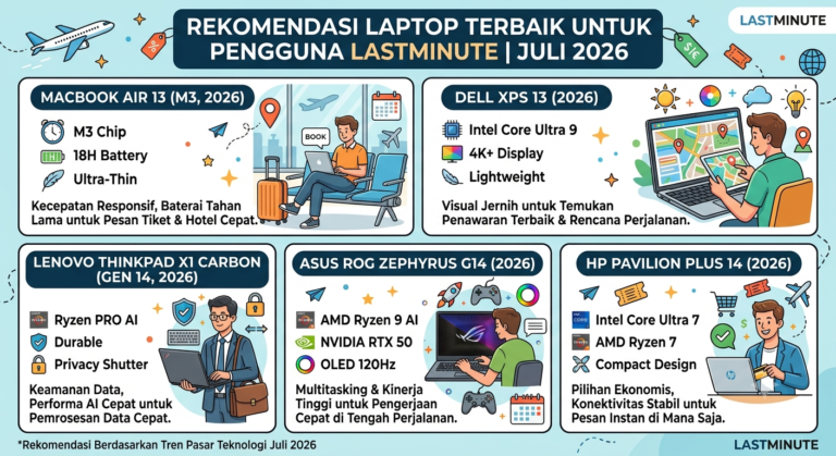 Rekomendasi Laptop Terbaik untuk Pengguna Lastminute (Juli 2026)Mencari promo liburan mendadak, tiket pesawat last-minute, hingga penawaran hotel menit-menit terakhir adalah keahlian utama para pengguna platform Lastminute. Mengamankan promo flash sale atau diskon penerbangan spontan membutuhkan keputusan cepat. Dalam momen-momen kritis tersebut, laptop yang lambat, baterai cepat habis, atau koneksi internet yang sering terputus bisa menjadi pembeda antara mendapatkan liburan impian dengan harga miring atau kehilangan promo sama sekali.Memasuki pertengahan tahun 2026, teknologi laptop ultraportabel telah berkembang pesat. Kehadiran prosesor hemat daya berbasis AI, layar jernih anti-silau, serta dukungan konektivitas internet super cepat membuat aktivitas hunting promo perjalanan menjadi lebih nyaman dan fleksibel. Bagi Anda pencari promo spontan dan digital nomad, berikut adalah panduan lengkap serta rekomendasi laptop terbaik untuk pengguna Lastminute di bulan Juli 2026.Kriteria Laptop Ideal untuk Pengburu Promo LastminuteSebelum masuk ke jajaran rekomendasi, ada beberapa spesifikasi kunci yang wajib dimiliki oleh laptop pendamping pemburu promo perjalanan:Konektivitas Canggih (Wi-Fi 7 & 5G eSIM): Promo last-minute berubah dalam hitungan detik. Koneksi internet berkecepatan tinggi memastikan halaman pembayaran dan pembaruan grafik harga di Lastminute terisi secara real-time.Bobot Ringan & Portabilitas Tinggi: Bobot di bawah 1,3 kg adalah standar wajib agar laptop nyaman dibawa bepergian kapan saja tanpa membebani tas jinjing.Daya Tahan Baterai Sepanjang Hari: Baterai minimal 12–18 jam penggunaan nyata memberi Anda kebebasan merencanakan perjalanan di ruang tunggu bandara, kafe, maupun dalam perjalanan tanpa panik mencari colokan.Layar Cerah dengan Aspek Rasio Luas: Layar rasio 16:10 atau 3:2 memudahkan Anda membaca tabel jadwal penerbangan, grafik perbandingan harga, dan opsi hotel tanpa perlu banyak scrolling.Performa Multitasking Responsif: Dukungan RAM minimal 16 GB dipadukan dengan penyimpanan SSD cepat untuk menangani puluhan tab browser yang terbuka secara bersamaan.5 Rekomendasi Laptop Terbaik untuk Pengguna Lastminute (Juli 2026)1. Apple MacBook Air (13 & 15 Inci) – Efisiensi Baterai & Ketipisan EkstremApple MacBook Air tetap menjadi pilihan utama bagi para traveler dan pemburu promo perjalanan spontan. Mengusung chip Apple Silicon generasi terbaru, laptop ini menghadirkan performa kencang dengan efisiensi daya yang luar biasa tanpa bising karena menggunakan desain fanless (tanpa kipas).Keunggulan untuk Pengguna Lastminute: Desain tanpa kipas membuatnya sangat tenang digunakan di ruang publik seperti kabin pesawat atau lounge. Layar Liquid Retina yang sangat tajam memudahkan penglihatan detail itinerary dan peta hotel Lastminute secara jelas.Fitur Utama: Baterai bertahan hingga 18 jam, trackpad presisi tinggi, sasis aluminium yang kokoh, serta pengisian daya MagSafe yang aman.Target Pengguna: Pengguna ekosistem iOS/macOS yang memprioritaskan ketahanan baterai maksimal dan portabilitas tanpa suara bising.2. ASUS Zenbook S 13 OLED – Ringan, Tipis, dan Layar MemukauBagi pengguna OS Windows yang mengutamakan portabilitas nomor satu, ASUS Zenbook S 13 OLED menjadi standar emas. Laptop ini menawarkan ketebalan hanya sekitar 1 cm dengan bobot berkisar 1 kg.Keunggulan untuk Pengguna Lastminute: Layar ASUS Lumina OLED memberikan rasio kontras spektakuler dan warna tajam. Menelusuri galeri foto hotel dan paket liburan last-minute terasa lebih memanjakan mata, bahkan di bawah pencahayaan luar ruangan yang terang.Fitur Utama: Bobot super ringan (~1 kg), sertifikasi ketahanan militer MIL-STD-810H, serta pilihan port fisik yang lengkap tanpa perlu membawa banyak dongle tambahan.Target Pengguna: Pengguna Windows yang mencari laptop paling ringan dengan kualitas tampilan visual terbaik.3. Dell XPS 13 – Ukuran Sangat Ringkas & Desain MinimalisDell XPS 13 memikat lewat tampilan futuristis dan bezel layar InfinityEdge yang sangat tipis di setiap sisinya. Dimensi fisiknya yang begitu mungil membuatnya sangat mudah diselipkan ke dalam tas tangan.Keunggulan untuk Pengguna Lastminute: Ukuran bodinya yang sangat ringkas membuat laptop ini nyaman dibuka di area sempit, seperti meja lipat pesawat atau kursi tunggu transit bandara.Fitur Utama: Ditenagai prosesor hemat daya terbaru tahun 2026, opsi layar hingga resolusi QHD+/OLED, serta sasis presisi berbahan aluminium CNC.Target Pengguna: Profesional dan traveler yang menyukai estetika modern minimalis serta laptop berukuran ringkas.4. Lenovo ThinkPad X1 Carbon – Tangguh untuk Perjalanan & Keyboard TerbaikBagi Anda yang sering memburu promo liburan spontan di sela-sela perjalanan bisnis, Lenovo ThinkPad X1 Carbon memberikan kombinasi durabilitas tinggi dan kenyamanan mengetik yang tak tertandingi.Keunggulan untuk Pengguna Lastminute: Keyboard khas ThinkPad memberikan pengalaman mengetik paling nyaman saat Anda harus menginput detail identitas penumpang, data paspor, dan pembayaran secara cepat saat berburu promo kilat.Fitur Utama: Sasis bahan serat karbon yang sangat ringan namun tahan benturan, sistem keamanan biometrik berlapis, dan ketahanan baterai yang sangat andal.Target Pengguna: Eksekutif bisnis dan profesional yang membutuhkan laptop tangguh kelas enterprise.5. HP Spectre x360 14 – Fleksibilitas Convertible 2-in-1Jika Anda menyukai navigasi yang interaktif saat memilih paket liburan Lastminute, HP Spectre x360 menghadirkan fleksibilitas berkat engsel 360 derajat yang dapat dilipat menjadi mode tablet.Keunggulan untuk Pengguna Lastminute: Fitur layar sentuh (touchscreen) memudahkan Anda untuk melakukan scrolling cepat pada daftar harga tiket murah, memilih tanggal fleksibel, dan melakukan zooming pada peta lokasi hotel secara intuitif.Fitur Utama: Fleksibilitas mode penggunaan (laptop, tent, tablet), optimalisasi daya berbasis AI lokal, serta kamera web beresolusi tinggi dengan penutup privasi fisik.Target Pengguna: Pengguna yang menyukai kemudahan navigasi layar sentuh dan menginginkan fleksibilitas perangkat 2-in-1.Tabel Perbandingan Spesifikasi UtamaModel LaptopUkuran LayarBobot UtamaEstimasi BateraiKeunggulan UtamaApple MacBook Air13.6" / 15.3"~1.24 kgHingga 18 JamBaterai paling awet & tanpa suara kipasASUS Zenbook S 13 OLED13.3" OLED~1.00 kgHingga 14 JamBodi super tipis (1 cm) & layar OLED jernihDell XPS 1313.4" FHD+/OLED~1.19 kgHingga 16 JamBezel InfinityEdge ultra-kompakLenovo ThinkPad X1 Carbon14.0" IPS/OLED~1.12 kgHingga 15 JamSasis serat karbon & keyboard paling nyamanHP Spectre x360 1414.0" OLED Touch~1.39 kgHingga 13 JamLayar sentuh 2-in-1 convertibleTips Memaksimalkan Penggunaan Lastminute di LaptopGunakan Mode Layar Terpisah (Split Screen): Buka platform Lastminute di satu sisi layar dan buka peta atau dokumen identitas di sisi lain untuk mempercepat proses pengisian data saat checkout promo flash sale.Manfaatkan Mode Hemat Baterai & Dark Mode: Saat berburu promo di area tanpa colokan listrik, aktifkan mode hemat energi dan dark mode (terutama pada laptop berlayar OLED) untuk menghemat konsumsi daya baterai.Pastikan Koneksi Wi-Fi/Hotspot Stabil: Promo menit-menit terakhir di platform Lastminute memiliki kuota dan batas waktu yang sangat terbatas. Pastikan koneksi internet terhubung dengan baik agar tidak gagal saat memproses pembayaran tiket.KesimpulanMemilih laptop terbaik untuk mendampingi platform pemesanan perjalanan seperti Lastminute pada pertengahan tahun 2026 berfokus pada tiga elemen penting: kecepatan performa, daya tahan baterai, dan kenyamanan portabilitas. Dengan menentukan laptop yang sesuai dari daftar rekomendasi di atas, proses perencanaan perjalanan spontan maupun pemesanan tiket mendadak Anda dipastikan berjalan lebih lancar, cepat, dan efisien.