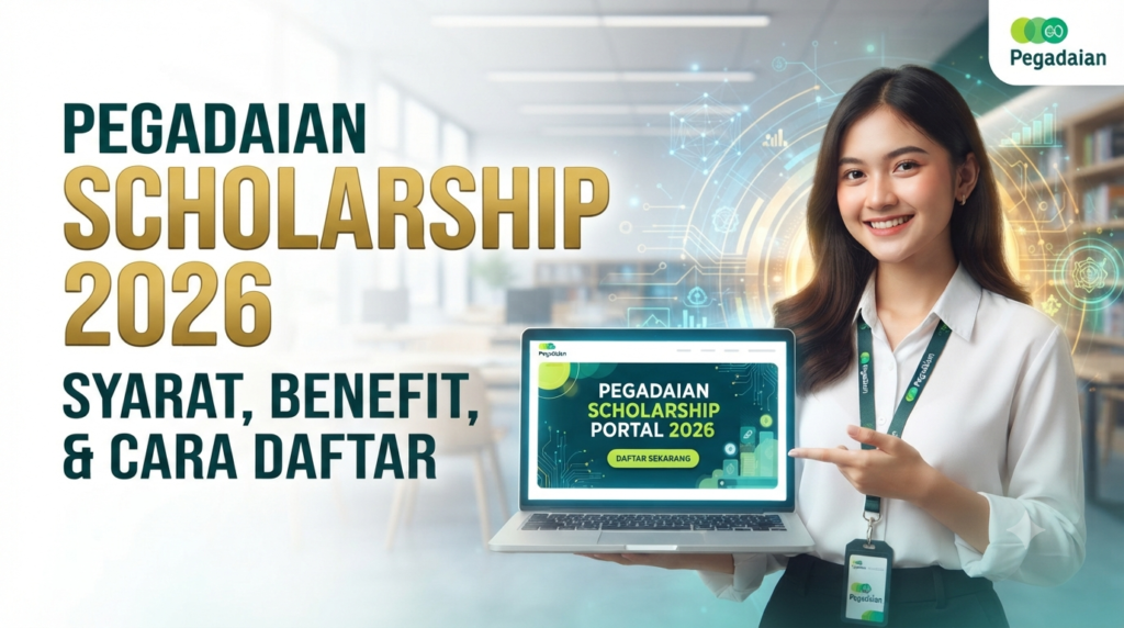 Mahasiswa menunjukkan portal pendaftaran Pegadaian Scholarship 2026 pada layar laptop.