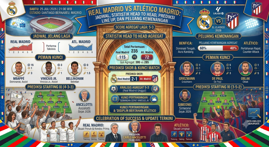 Real Madrid vs Atlético Madrid: Jadwal, Statistik Head to Head, Prediksi Line Up, dan Peluang Kemenangan