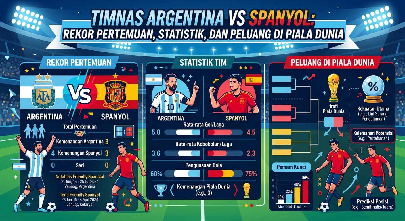 Timnas Argentina vs Spanyol: Rekor Pertemuan, Statistik, dan Peluang di Piala Dunia buatkan saya gambar dengan judul tersebut