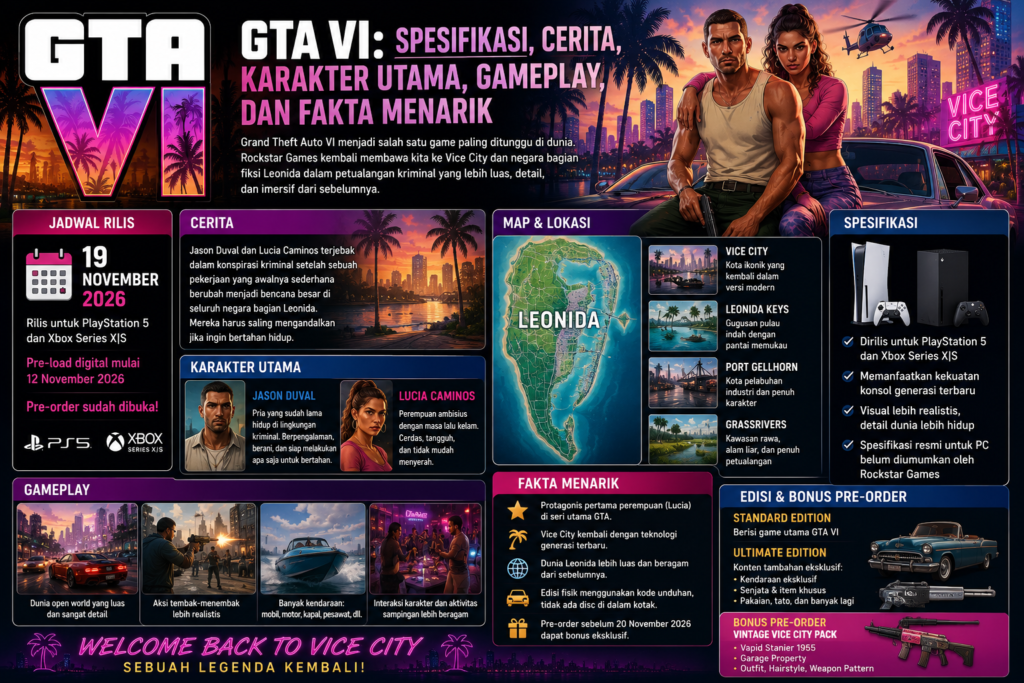 GTA VI: Spesifikasi, Cerita, Karakter Utama, Gameplay, dan Fakta Menarik