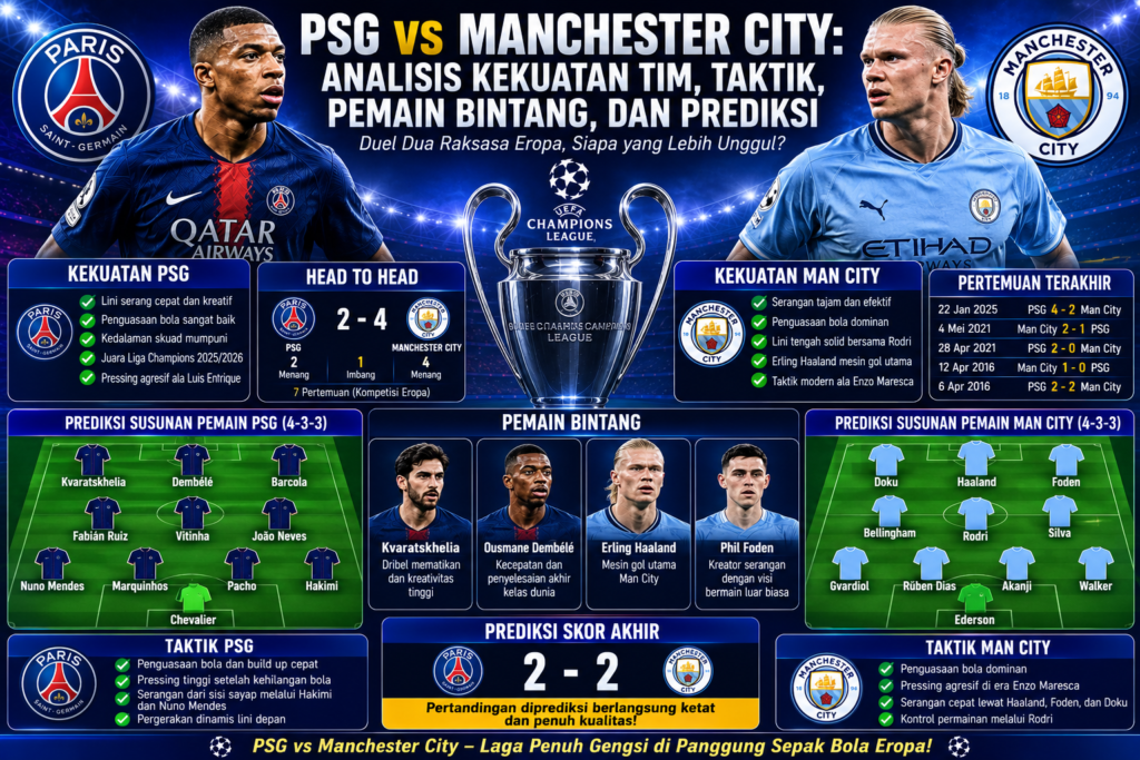 PSG vs Manchester City: Analisis Kekuatan Tim, Taktik, Pemain Bintang, dan Prediksi