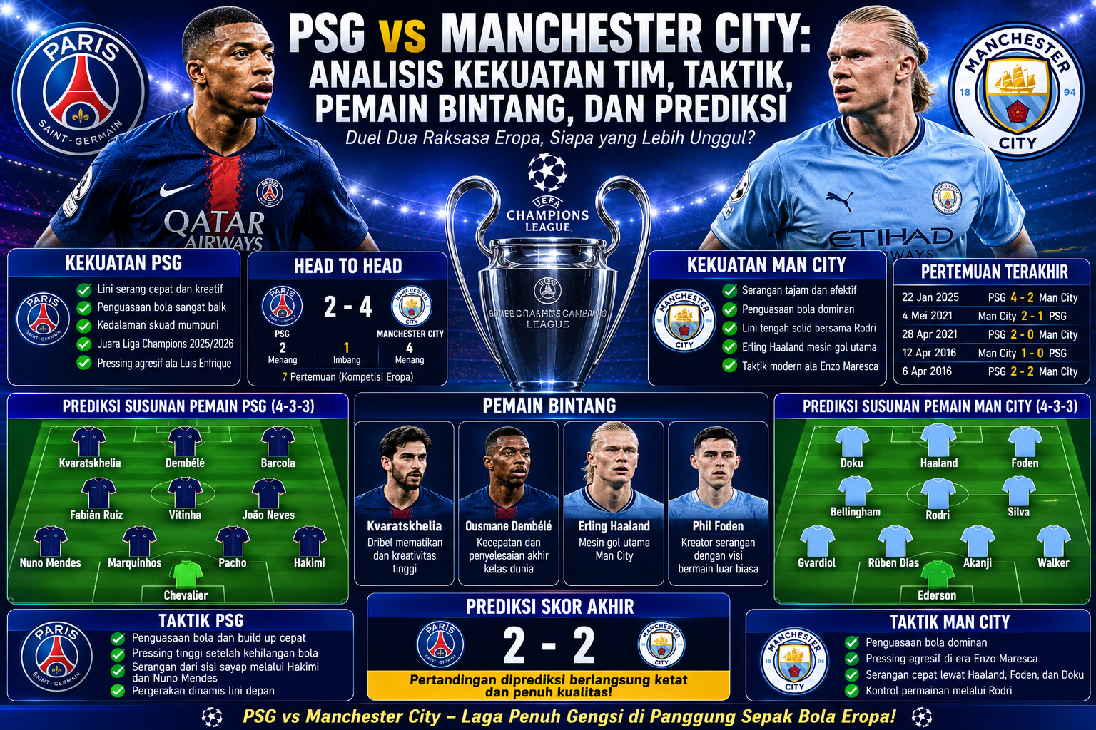 PSG vs Manchester City: Analisis Kekuatan Tim, Taktik, Pemain Bintang, dan Prediksi