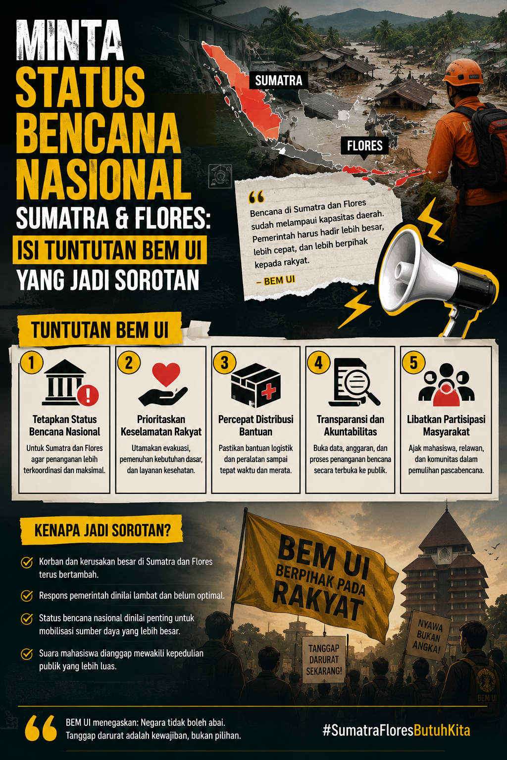 buat kan saya gambar dengan konsep yang berbeda tentang judul Minta Status Bencana Nasional Sumatra & Flores: Isi Tuntutan BEM UI yang Jadi Sorotan