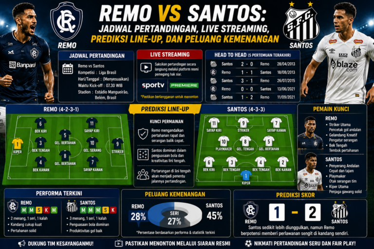 Remo vs Santos: Jadwal Pertandingan, Live Streaming, Prediksi Line-up, dan Peluang Kemenangan