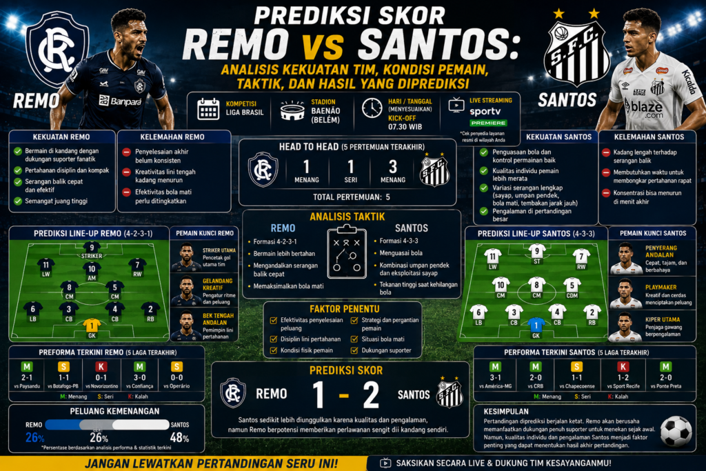Prediksi Skor Remo vs Santos: Analisis Kekuatan Tim, Kondisi Pemain, Taktik, dan Hasil yang Diprediksi