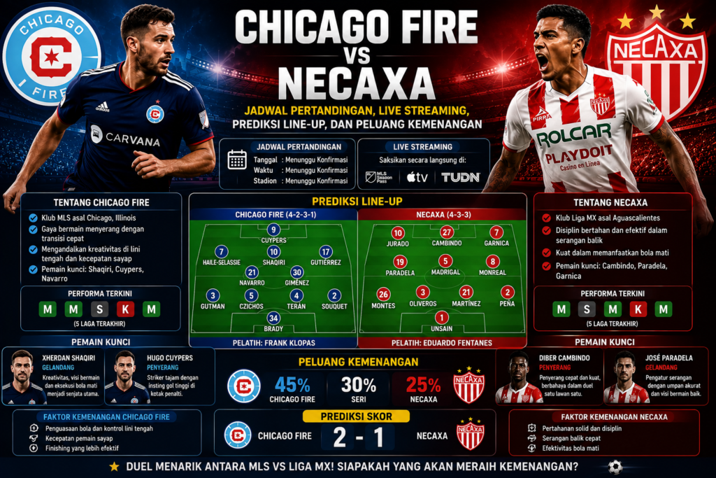 Chicago Fire vs Necaxa: Jadwal Pertandingan, Live Streaming, Prediksi Line-up, dan Peluang Kemenangan