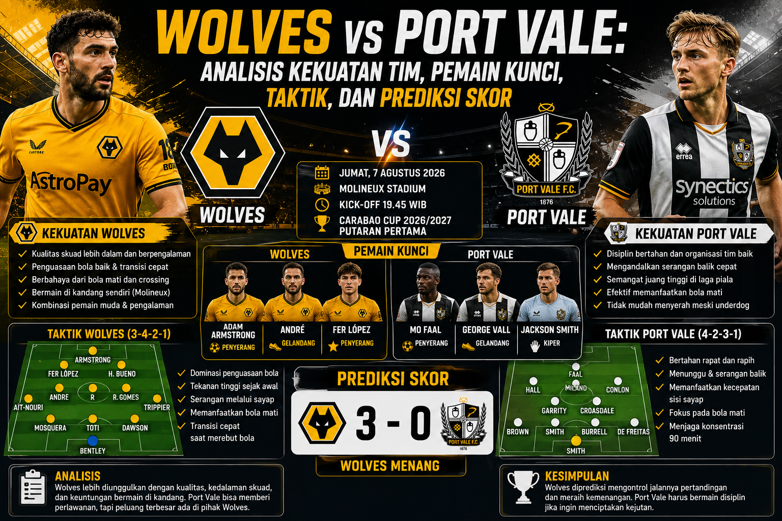 Wolves vs Port Vale: Analisis Kekuatan Tim, Pemain Kunci, Taktik, dan Prediksi Skor