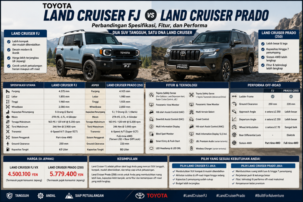Toyota Land Cruiser FJ vs Land Cruiser Prado: Perbandingan Spesifikasi, Fitur, dan Performa