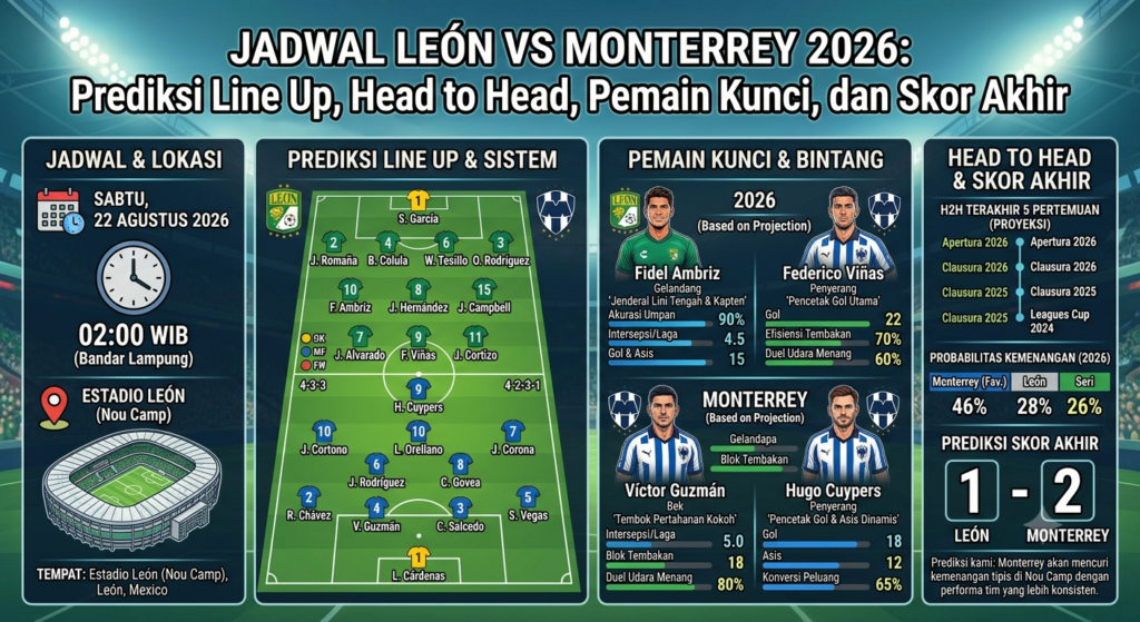 Jadwal León vs Monterrey 2026: Prediksi Line Up, Head to Head, Pemain Kunci, dan Skor Akhir