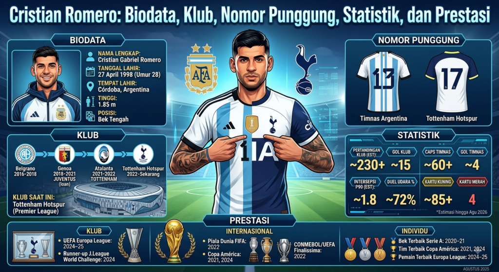 Cristian Romero: Biodata, Klub, Nomor Punggung, Statistik, dan Prestasi