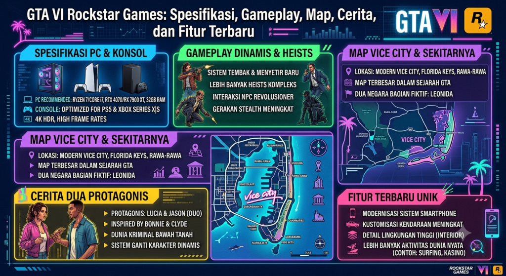 GTA VI Rockstar Games: Spesifikasi, Gameplay, Map, Cerita, dan Fitur Terbaru
