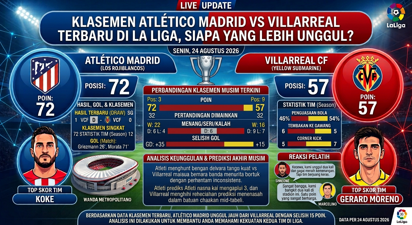 Klasemen Atlético Madrid vs Villarreal Terbaru di La Liga, Siapa yang Lebih Unggul?