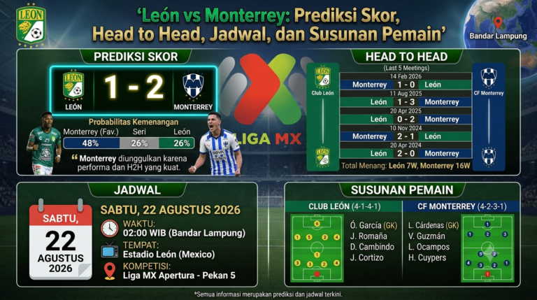 León vs Monterrey: Prediksi Skor, Head to Head, Jadwal, dan Susunan Pemain