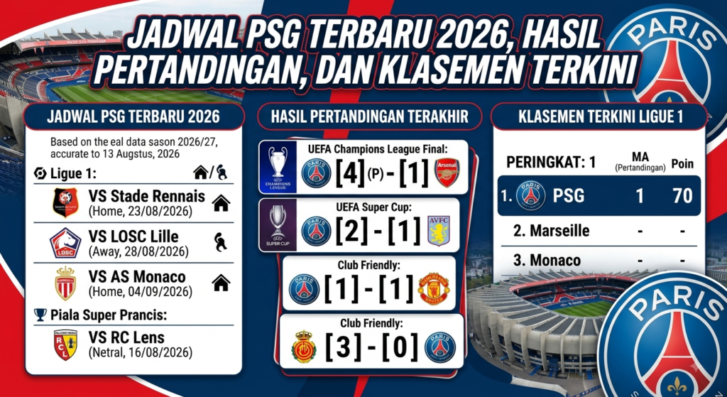 Jadwal PSG Terbaru 2026, Hasil Pertandingan, dan Klasemen Terkini