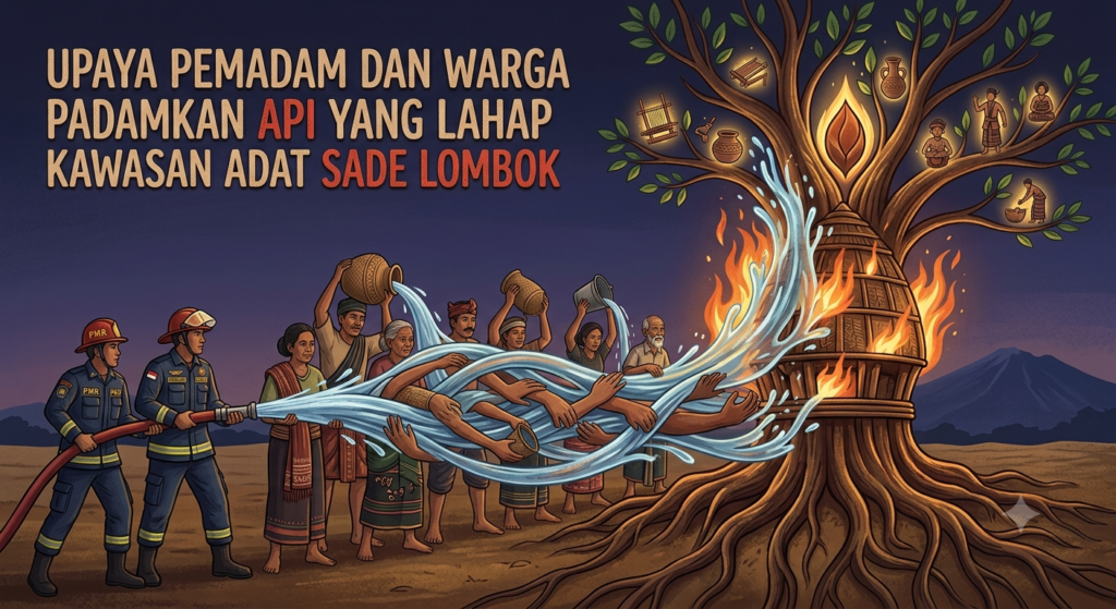 Upaya Pemadam dan Warga Padamkan Api yang Lahap Kawasan Adat Sade Lombok