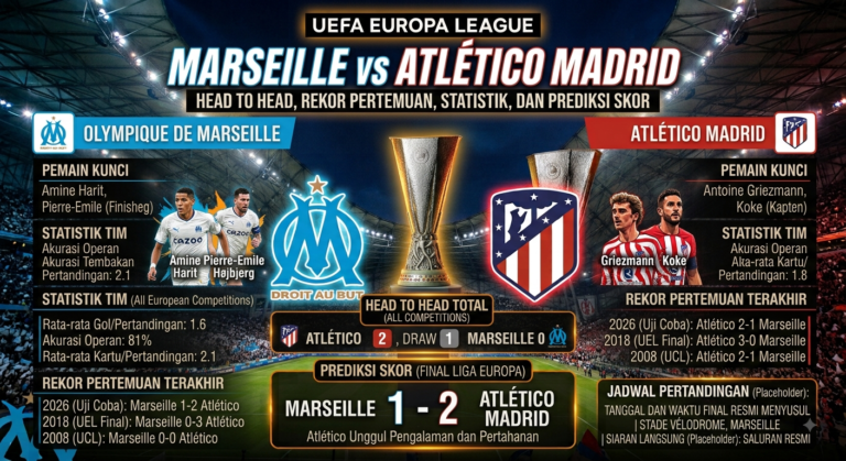 Marseille vs Atlético Madrid: Head to Head, Rekor Pertemuan, Statistik, dan Prediksi Skor