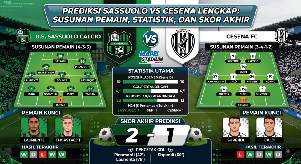 Prediksi Sassuolo vs Cesena Lengkap: Susunan Pemain, Statistik, dan Skor Akhir